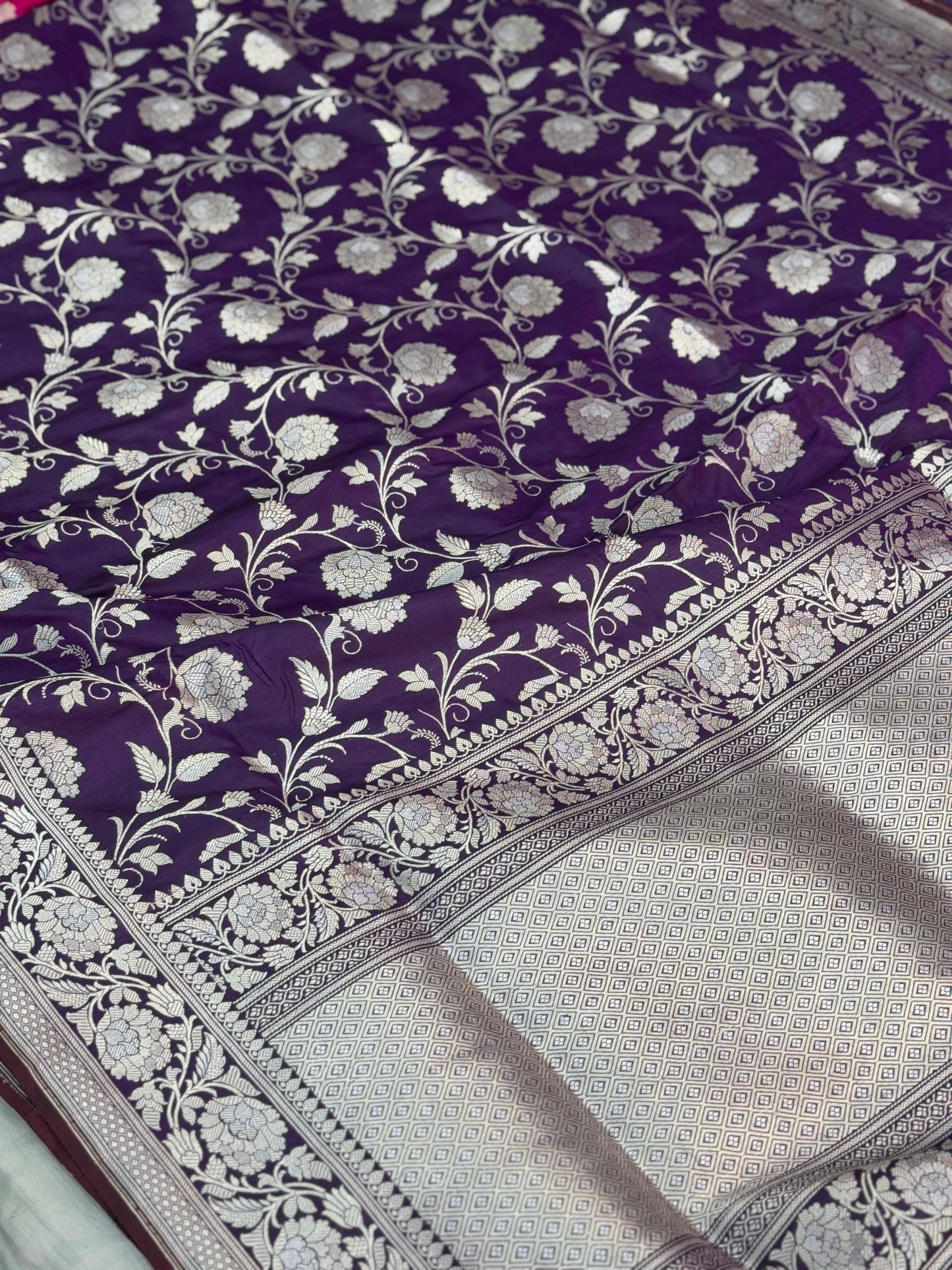 Pure Katan Jaal Zari Meena Saree Violet (Noor-e-Nazaaka)