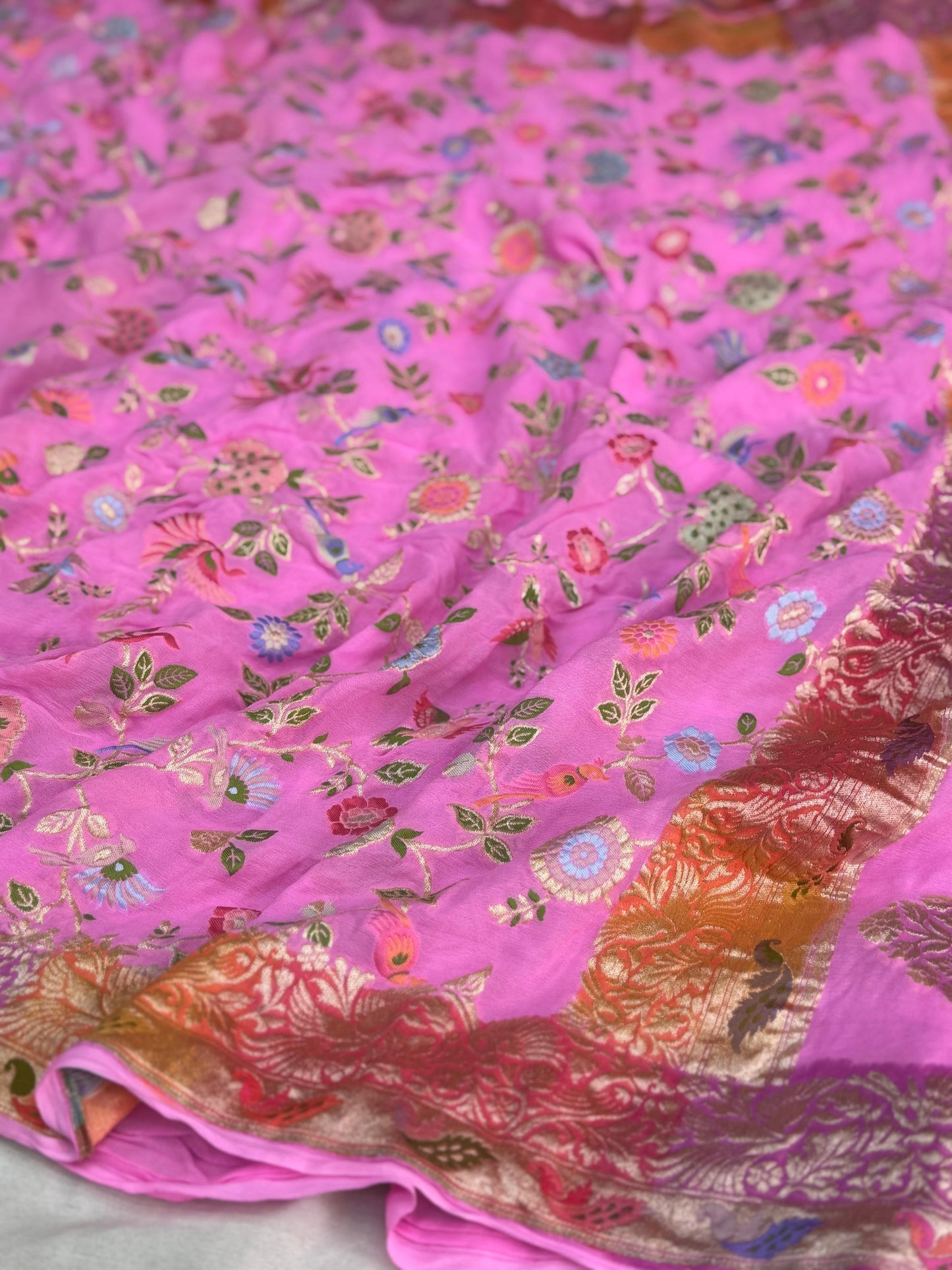 Pure Khaddi Chiffon Saree in Rose Pink Wth Multicolor Tilfi Meenakari (GulPankh)
