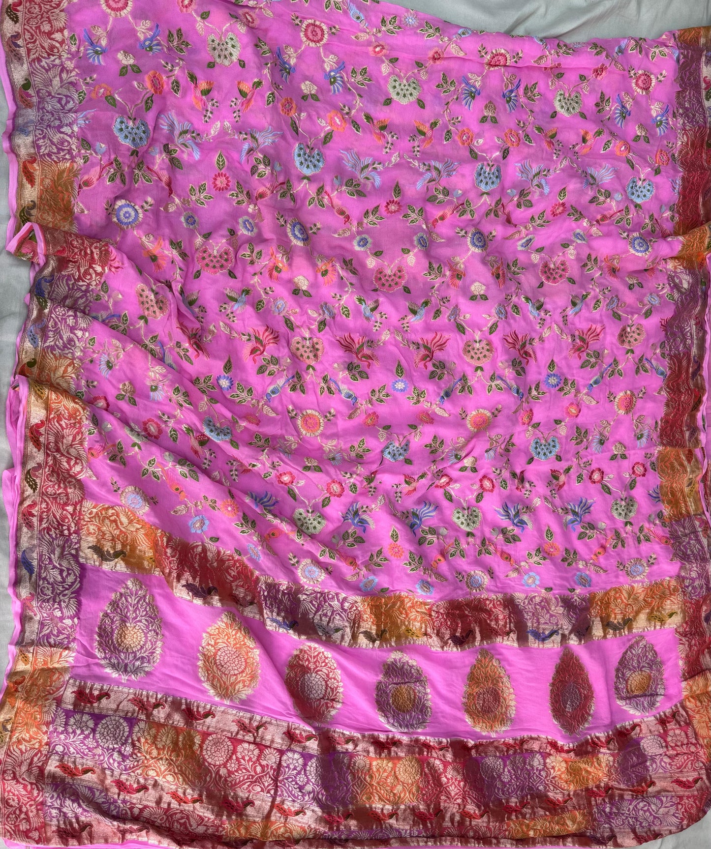 Pure Khaddi Chiffon Saree in Rose Pink Wth Multicolor Tilfi Meenakari (GulPankh)