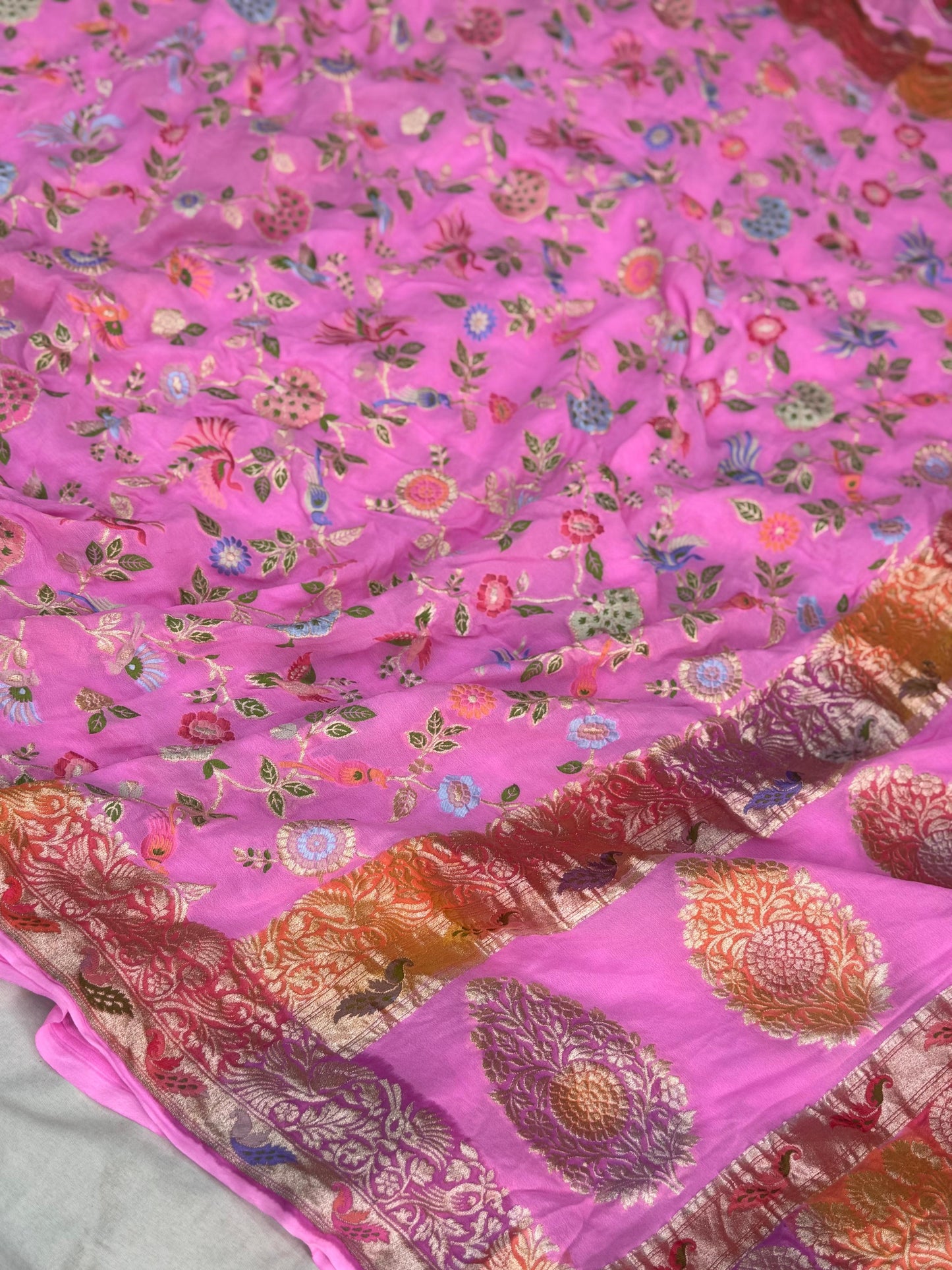 Pure Khaddi Chiffon Saree in Rose Pink Wth Multicolor Tilfi Meenakari (GulPankh)