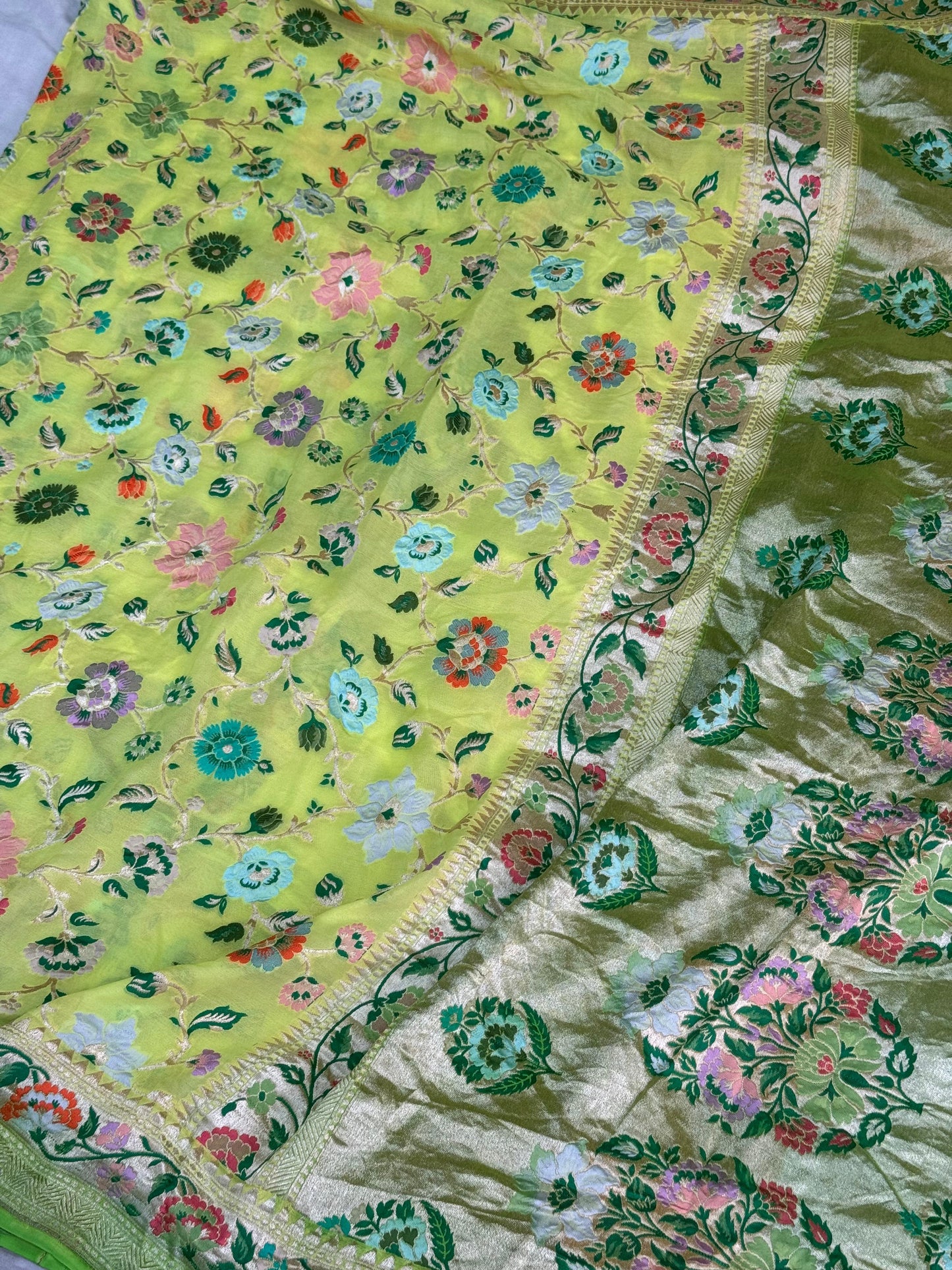 Pure Khaddi Chiffon Saree in Lime Yellow with Multicolor Tilfi Meenakari (GulPankh)