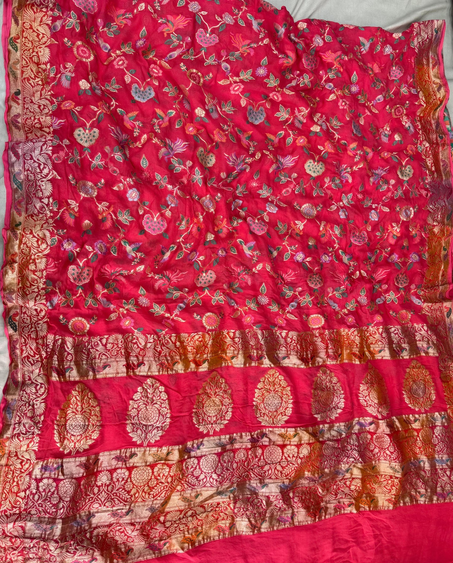 Pure Khaddi Chiffon Saree in Crimson Red with Multicolor Tilfi Meenakari (GulPankh)