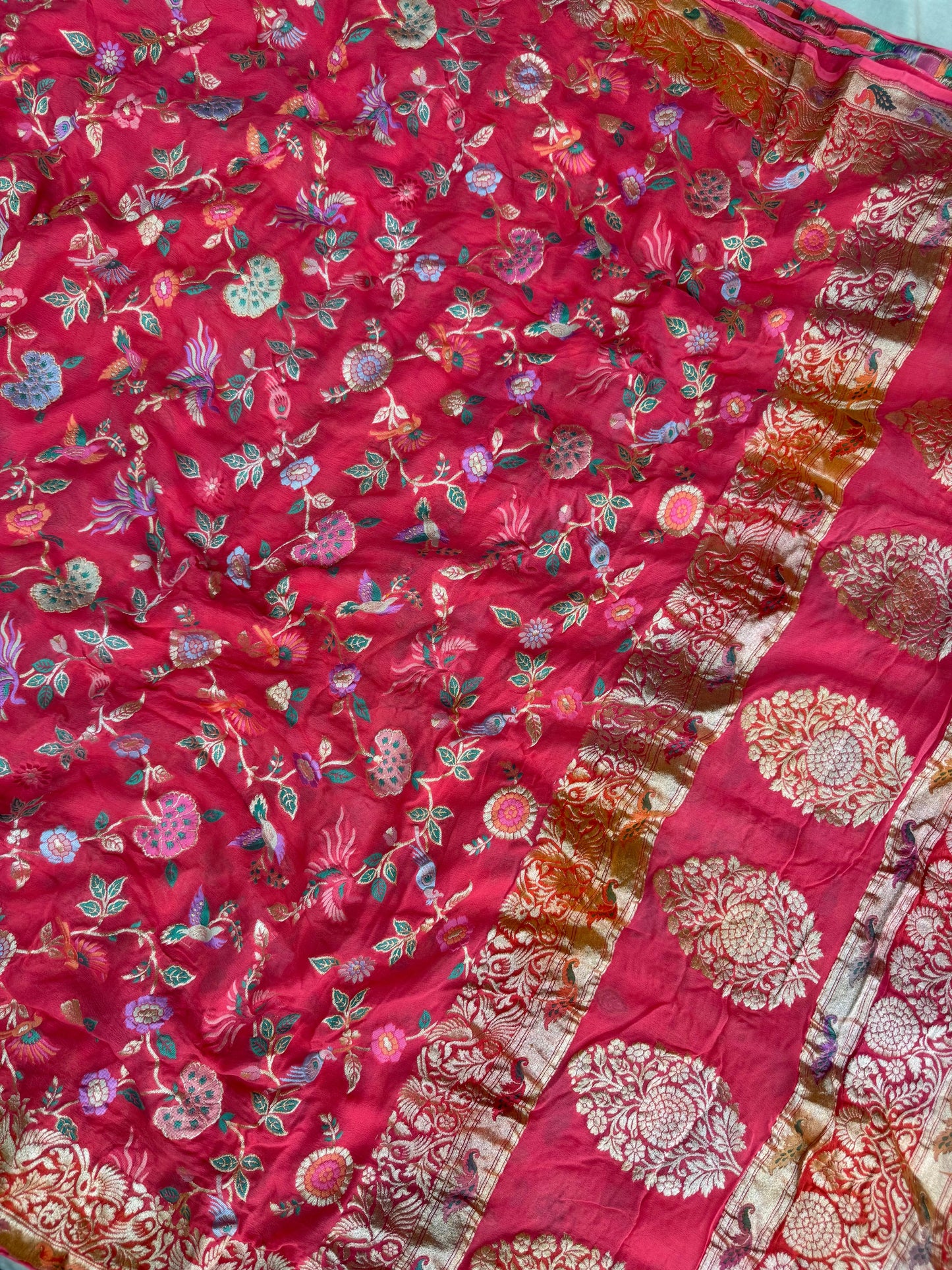 Pure Khaddi Chiffon Saree in Crimson Red with Multicolor Tilfi Meenakari (GulPankh)
