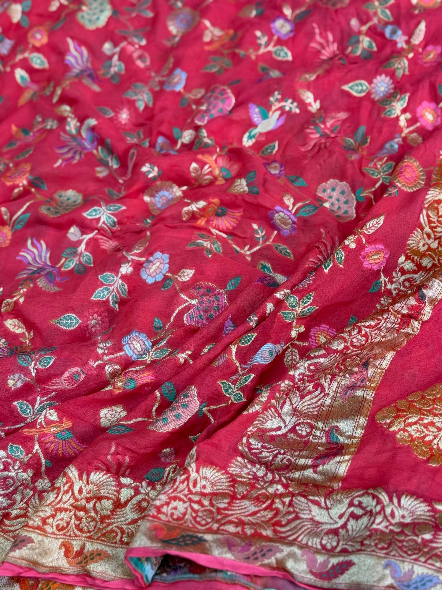 Pure Khaddi Chiffon Saree in Crimson Red with Multicolor Tilfi Meenakari (GulPankh)
