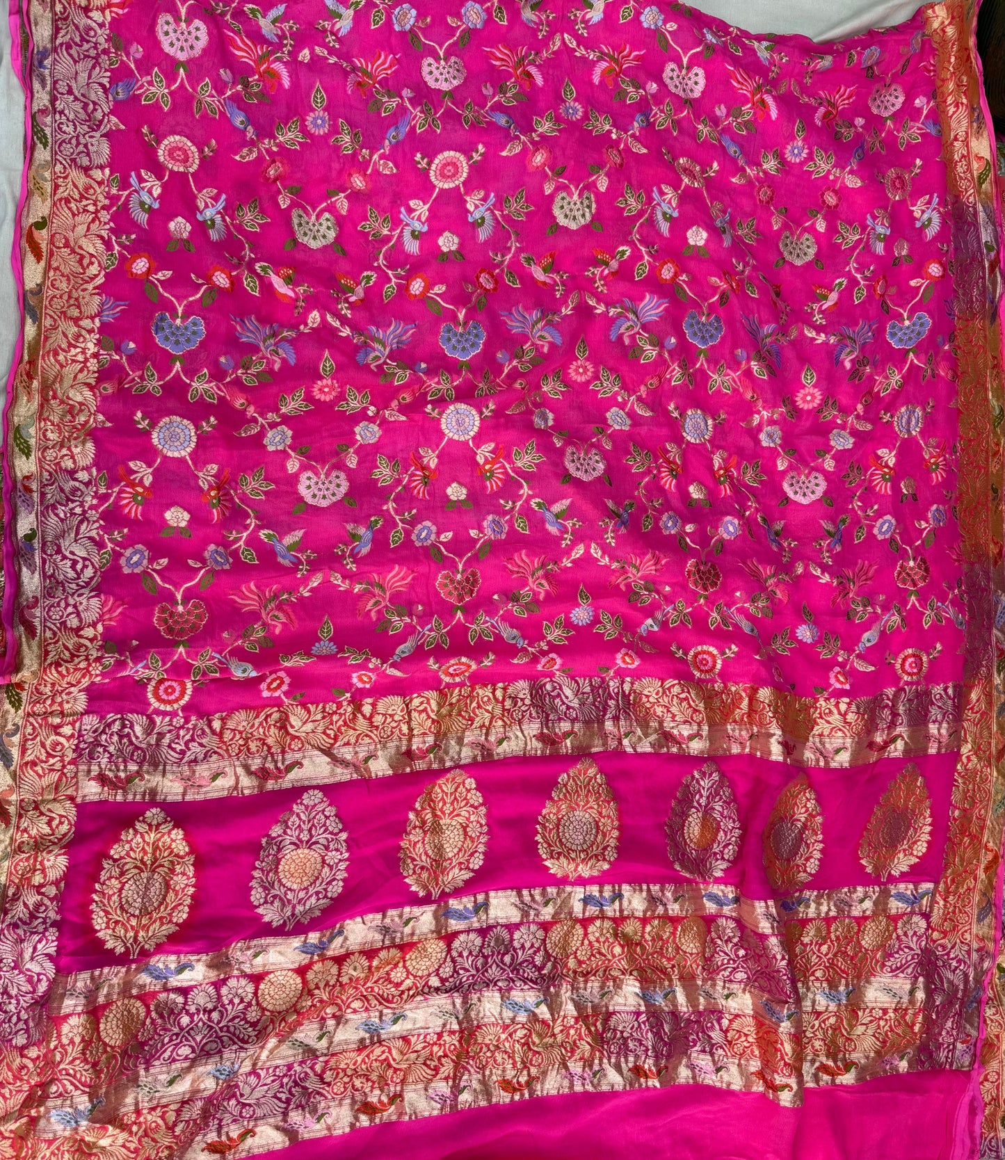 Pure Khaddi Chiffon Saree in Gulabi Pink with Multicolor Tilfi Meenakari (GulPankh)