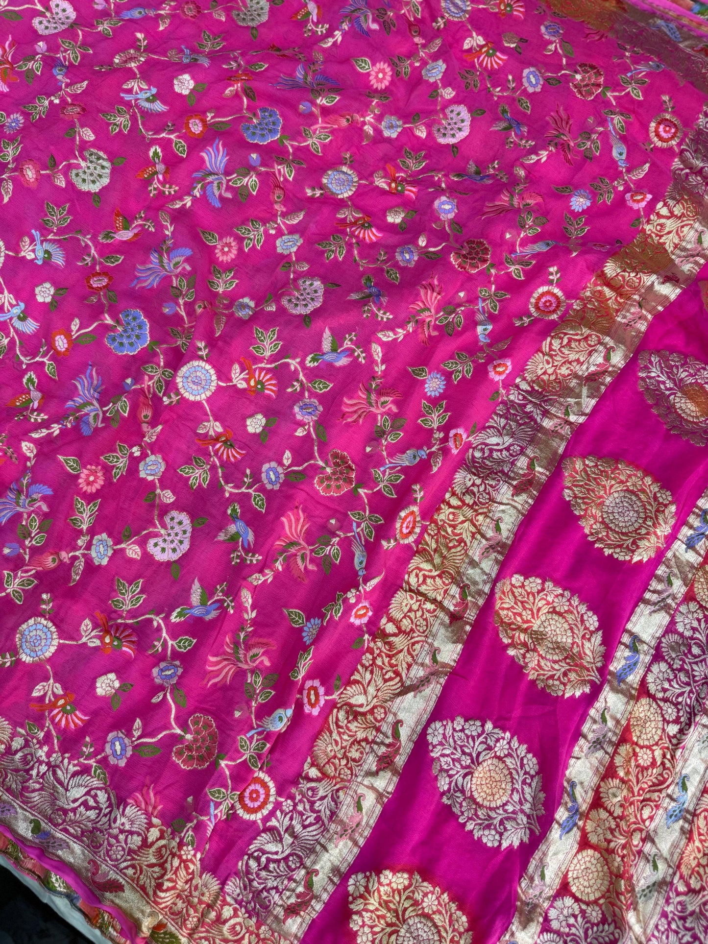 Pure Khaddi Chiffon Saree in Gulabi Pink with Multicolor Tilfi Meenakari (GulPankh)