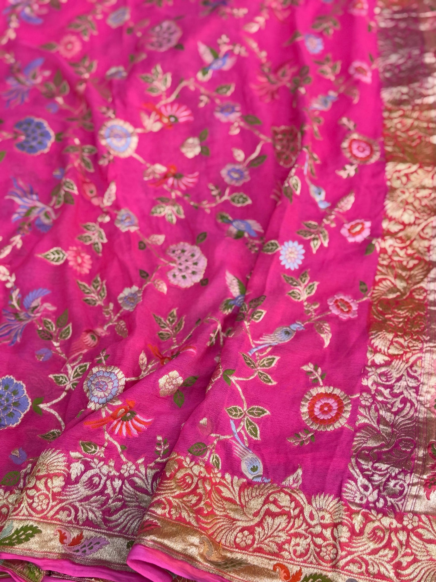 Pure Khaddi Chiffon Saree in Gulabi Pink with Multicolor Tilfi Meenakari (GulPankh)
