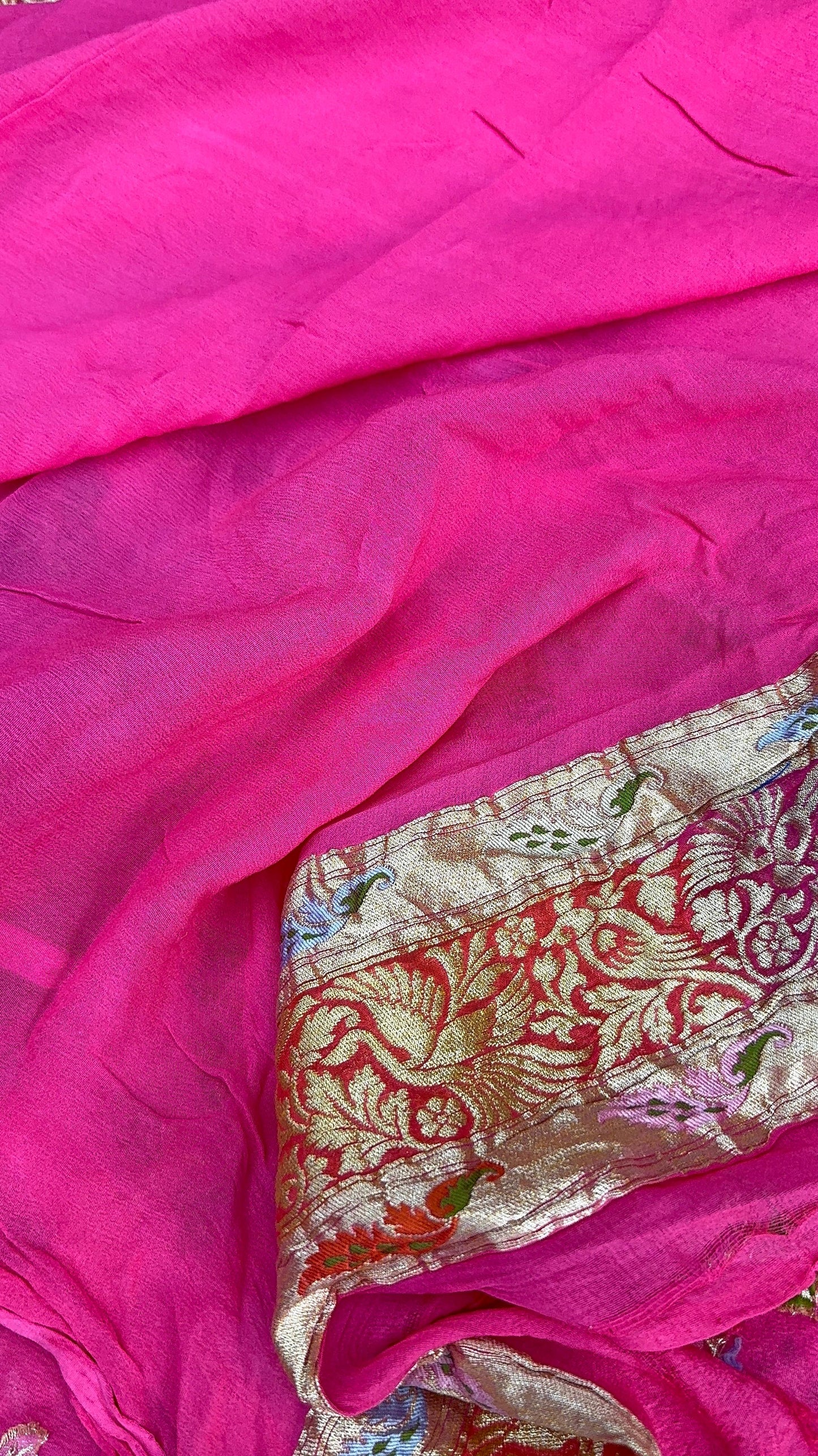 Pure Khaddi Chiffon Saree in Gulabi Pink with Multicolor Tilfi Meenakari (GulPankh)
