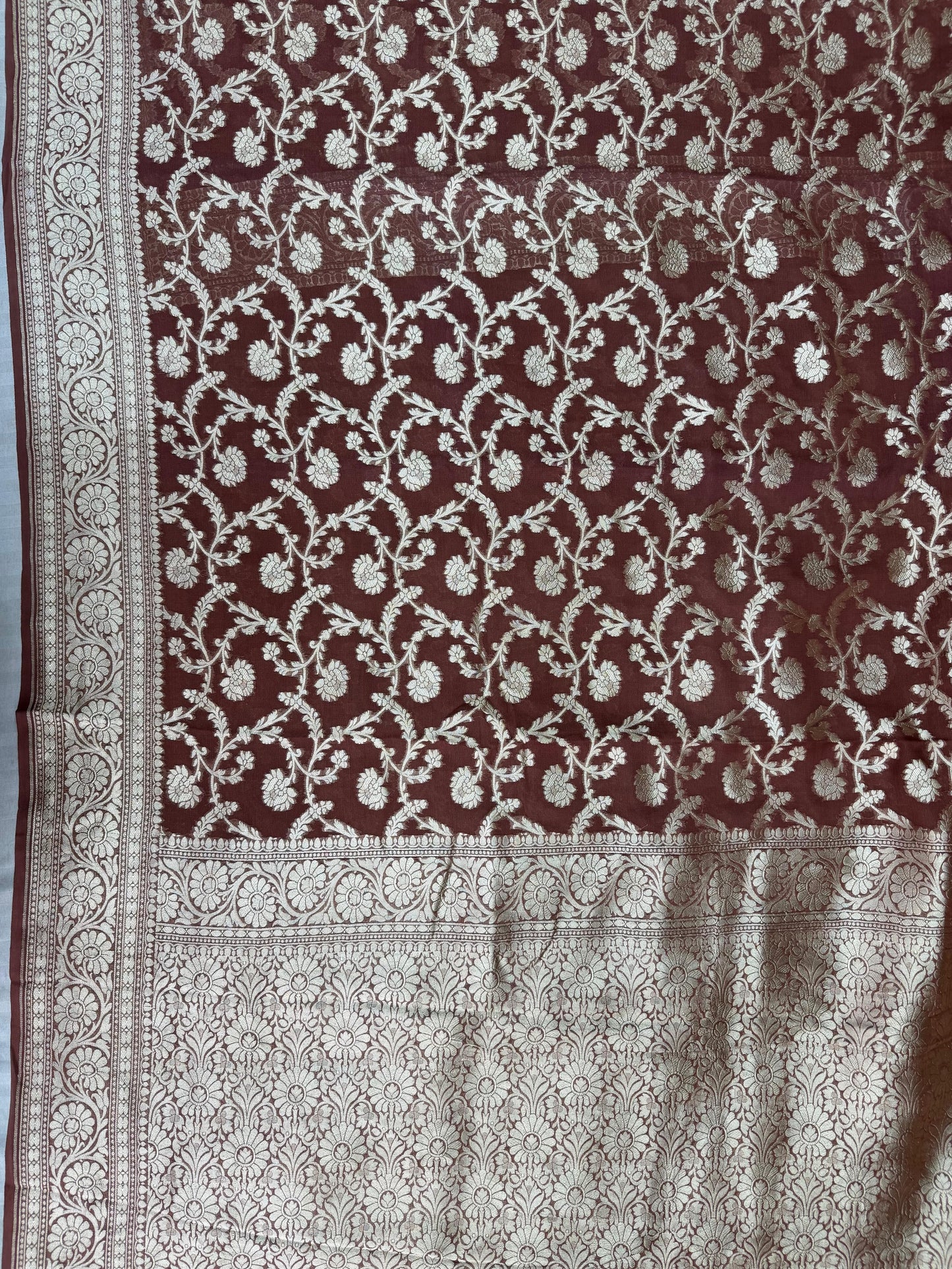 Pure Khaddi Georgette Saree in Deep Maroon with Floral Zari Weave (Shabnami)
