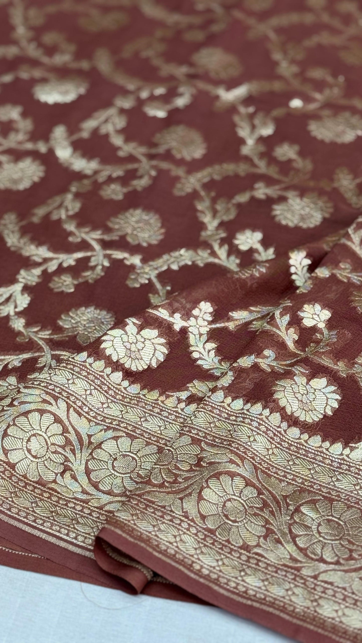 Pure Khaddi Georgette Saree in Deep Maroon with Floral Zari Weave (Shabnami)