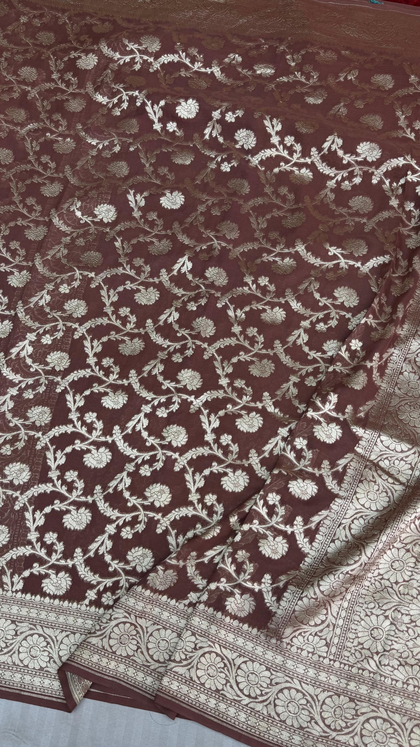 Pure Khaddi Georgette Saree in Deep Maroon with Floral Zari Weave (Shabnami)