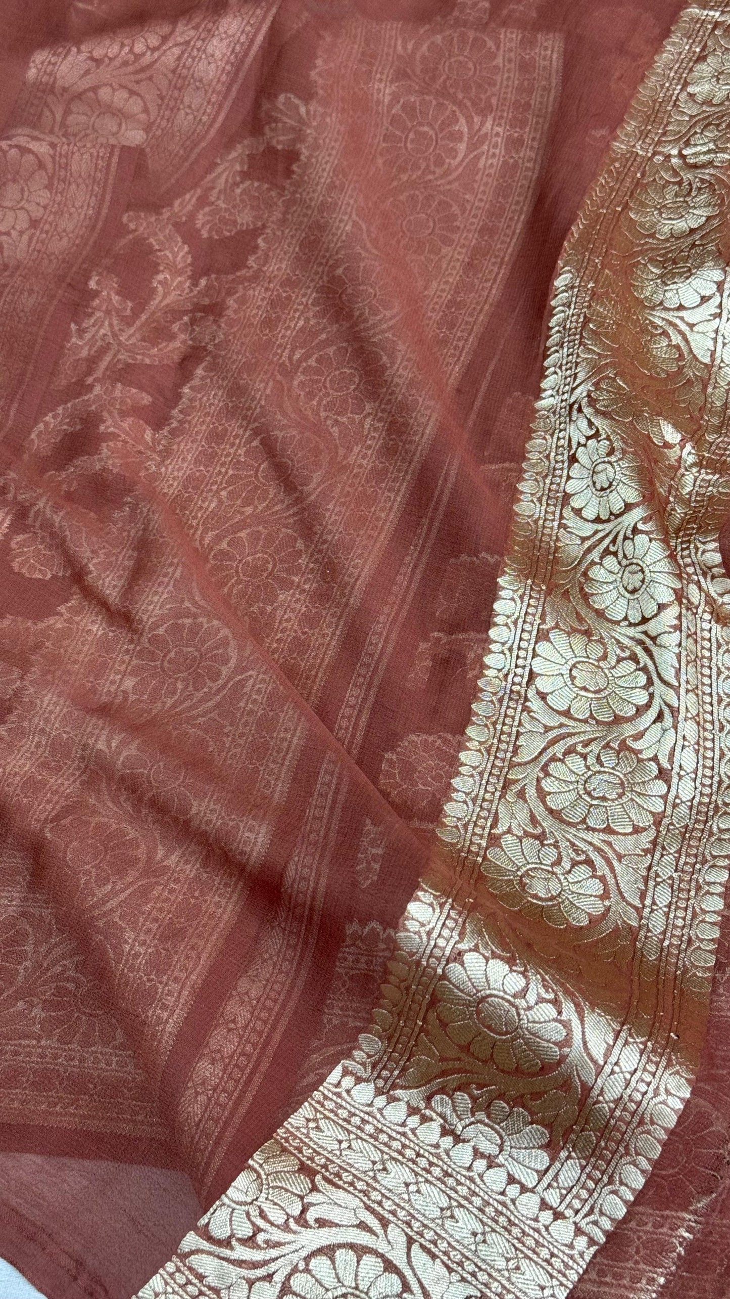 Pure Khaddi Georgette Saree in Deep Maroon with Floral Zari Weave (Shabnami)