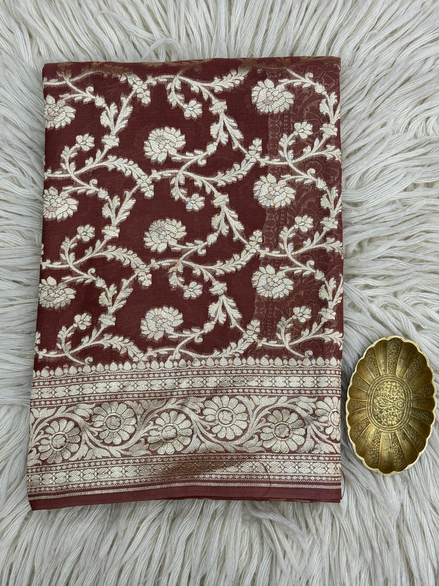 Pure Khaddi Georgette Saree in Deep Maroon with Floral Zari Weave (Shabnami)