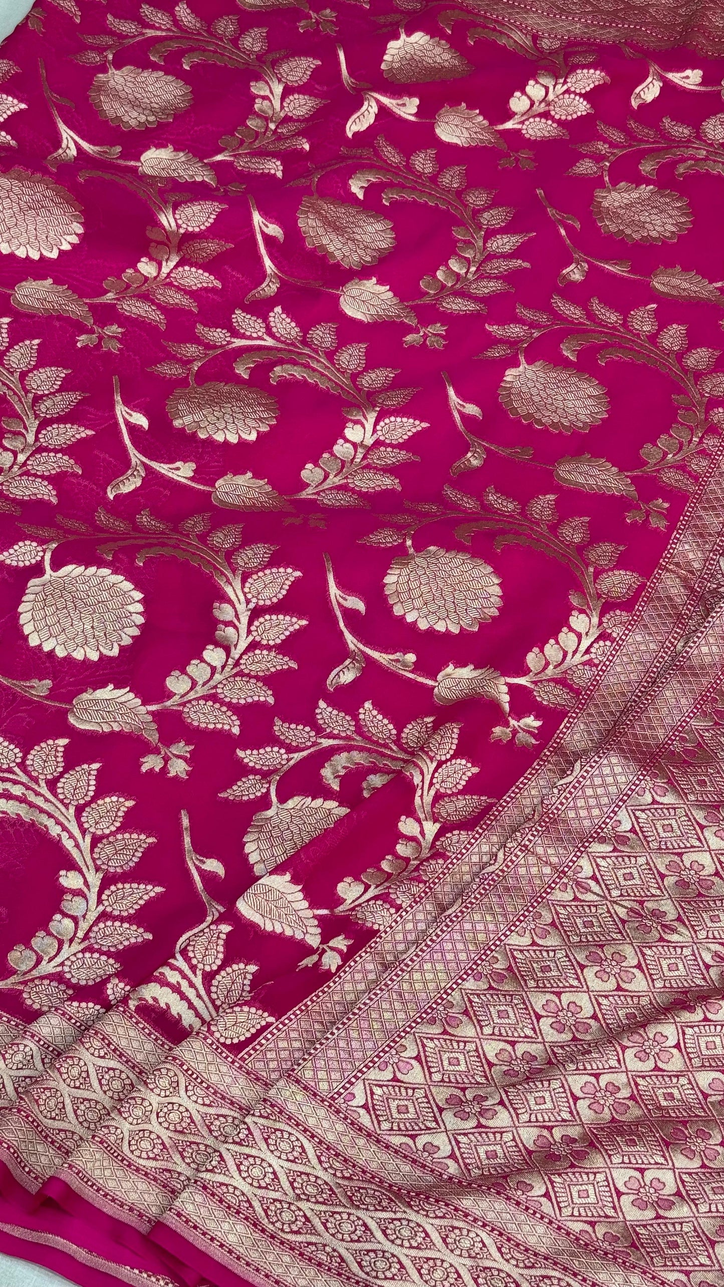 Pure Khaddi Georgette Saree in Rani Pink with Bold Zari Floral Design (Shabnami)