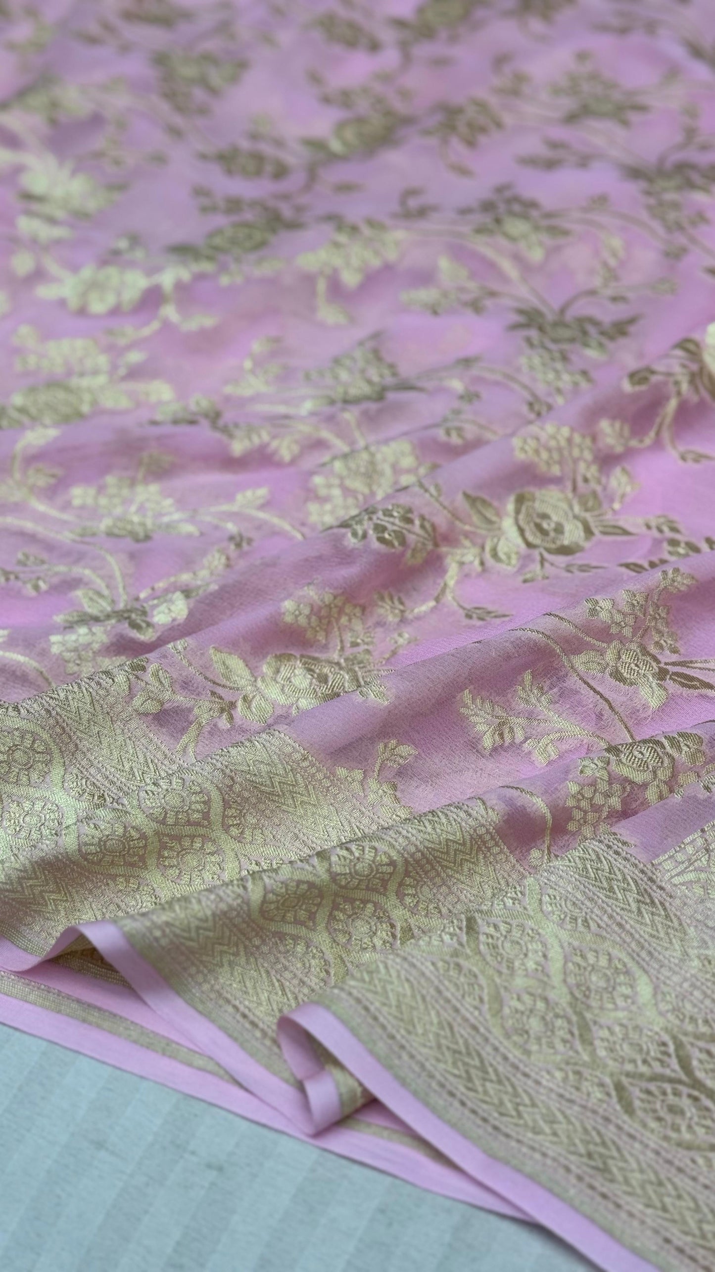 Pure Khaddi Georgette Saree in Soft Baby Pink with Antique Gold Floral Zari (Shabnami)