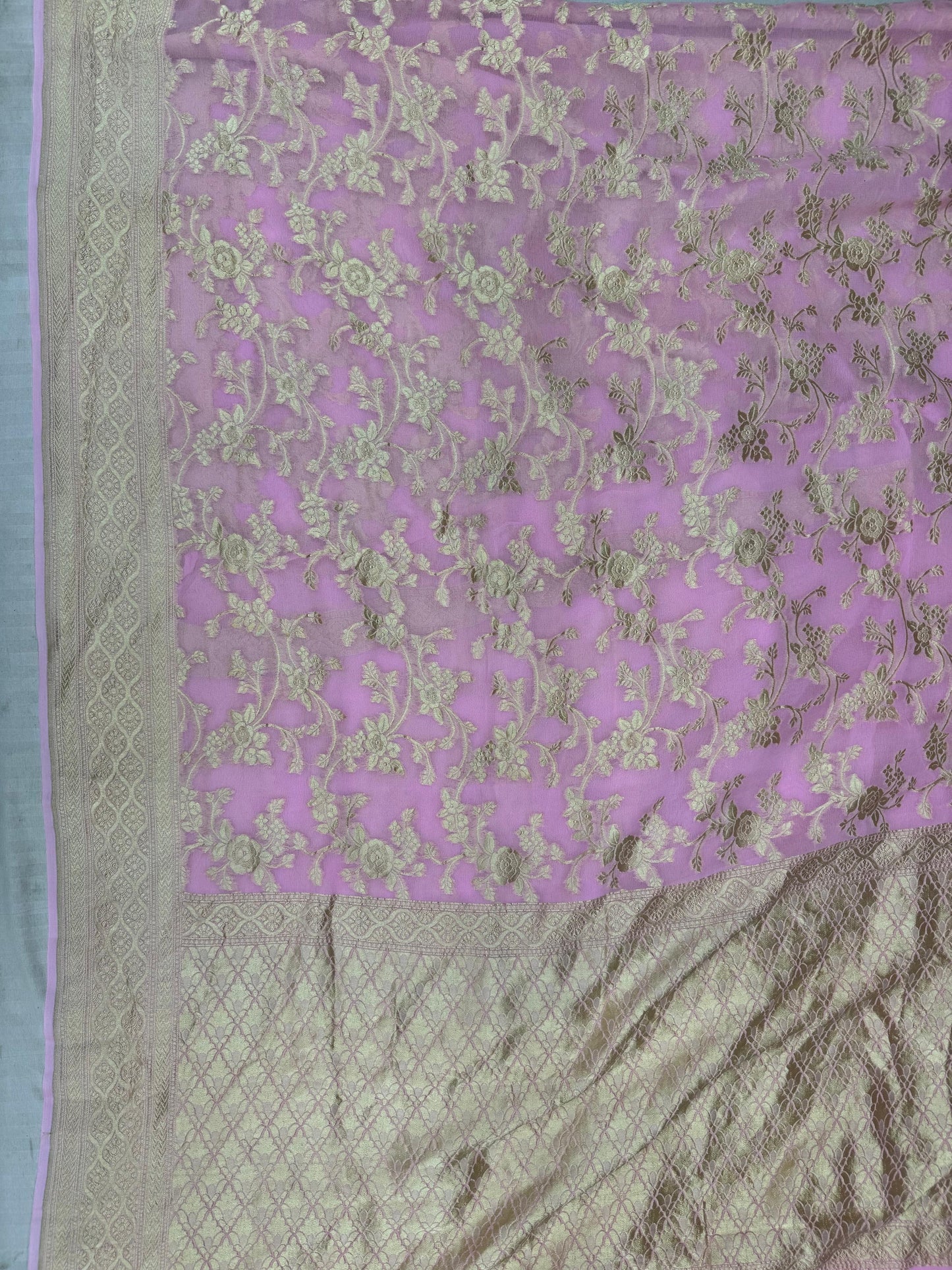 Pure Khaddi Georgette Saree in Soft Baby Pink with Antique Gold Floral Zari (Shabnami)