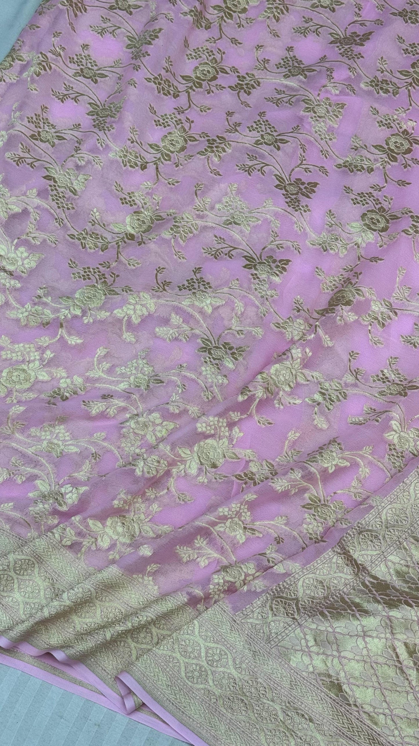 Pure Khaddi Georgette Saree in Soft Baby Pink with Antique Gold Floral Zari (Shabnami)