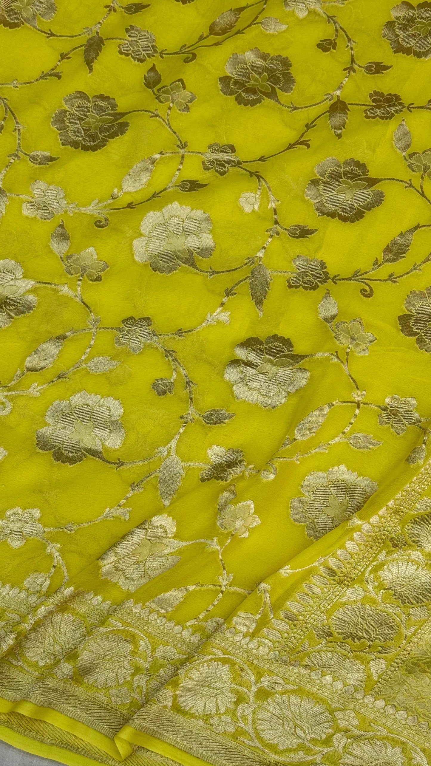 Pure Khaddi Georgette Saree in Lime Yellow with Antique Zari Floral Weave (Shabnami)