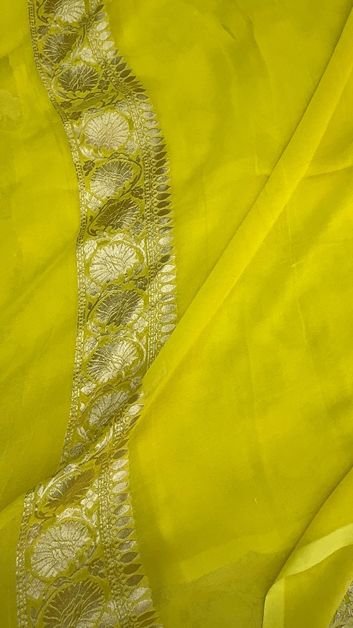 Pure Khaddi Georgette Saree in Lime Yellow with Antique Zari Floral Weave (Shabnami)