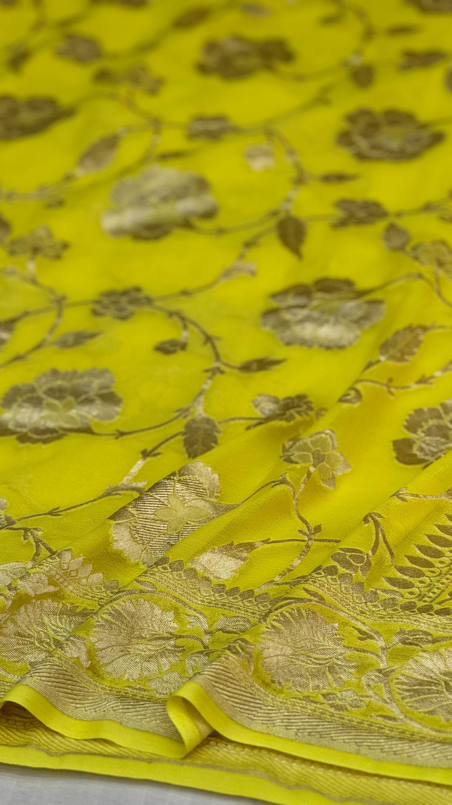 Pure Khaddi Georgette Saree in Lime Yellow with Antique Zari Floral Weave (Shabnami)