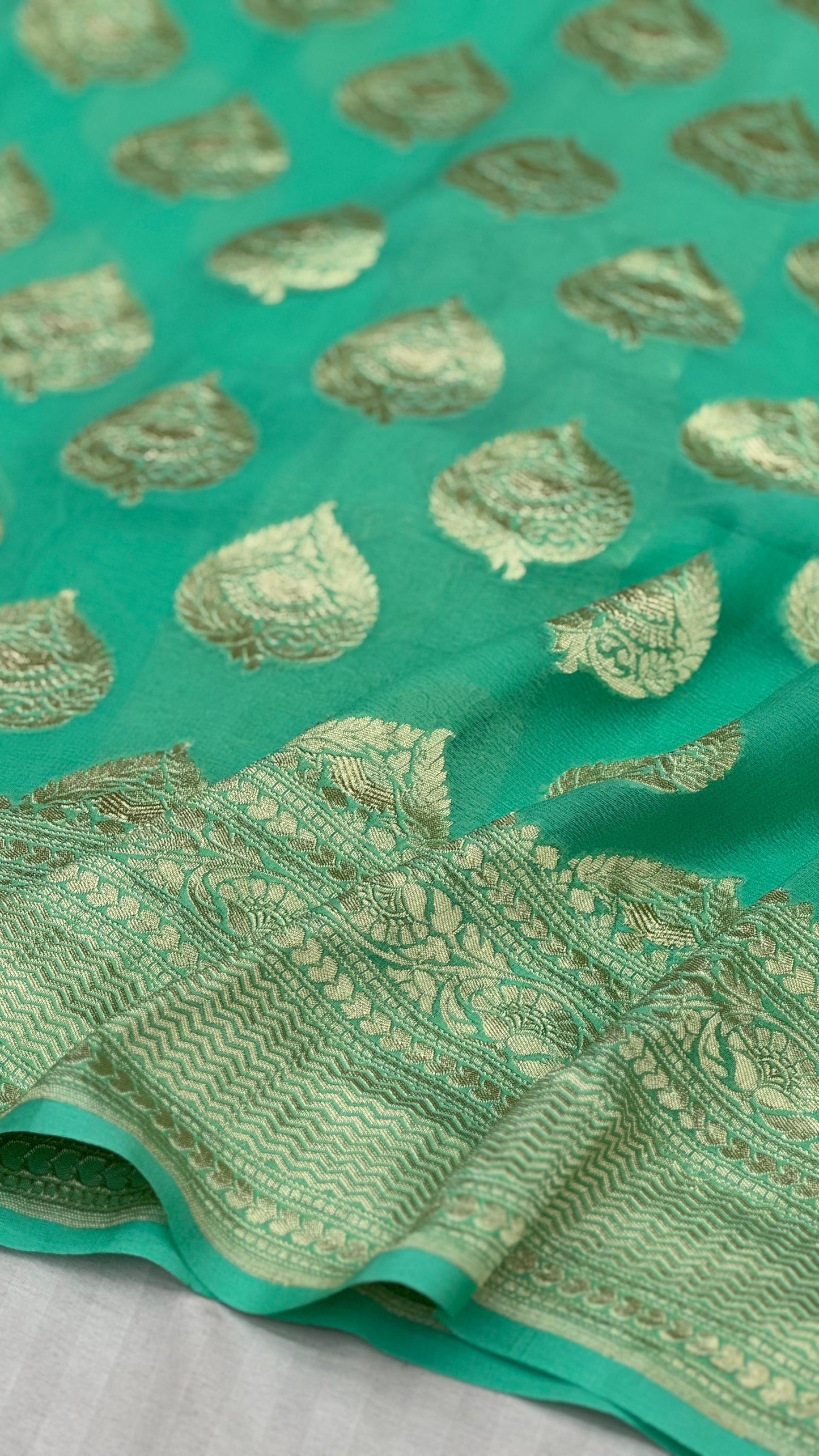 Pure Khaddi Georgette Saree in Teal Green with Gold Zari Buta and Border (Shabnami)