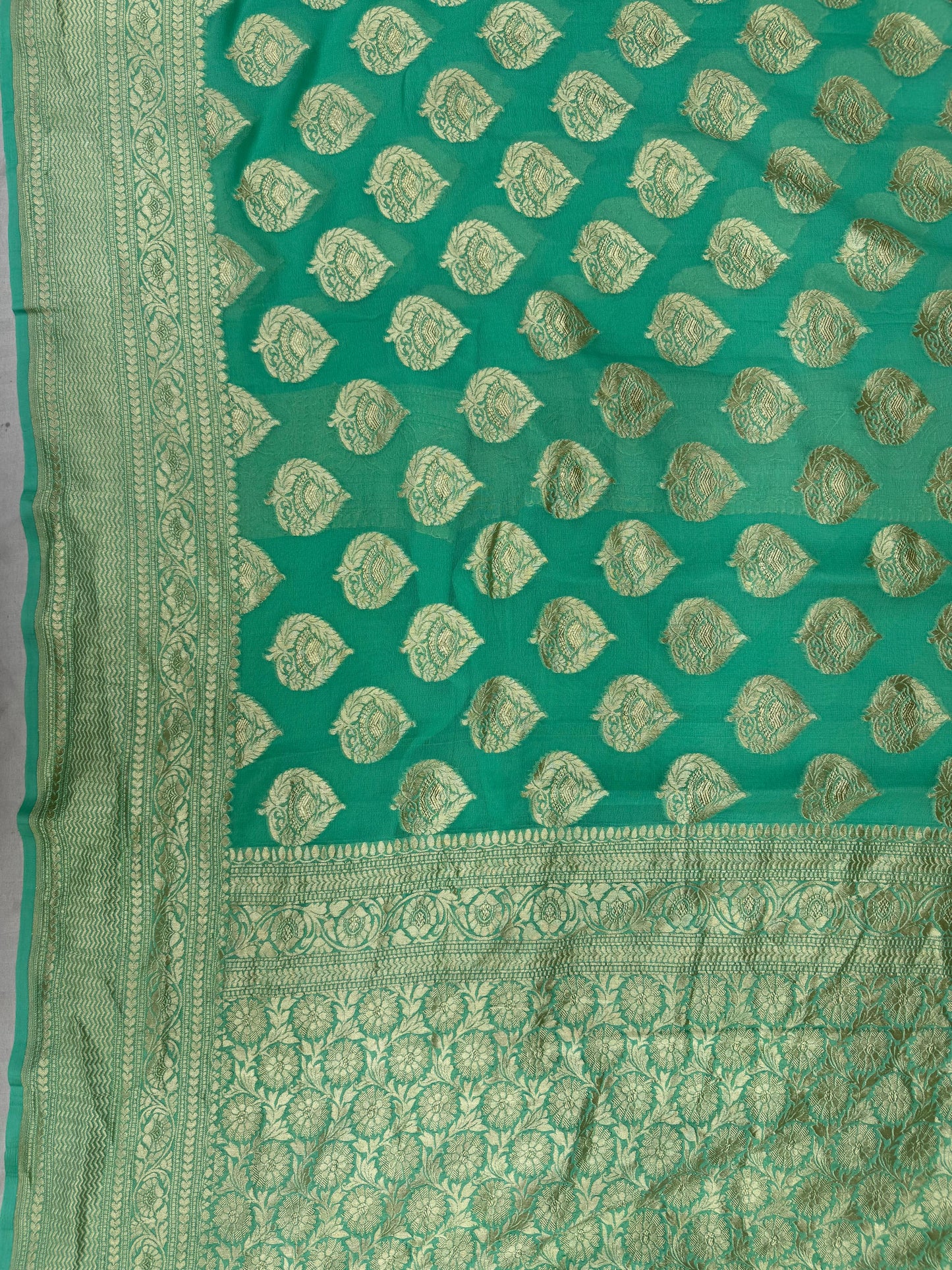 Pure Khaddi Georgette Saree in Teal Green with Gold Zari Buta and Border (Shabnami)