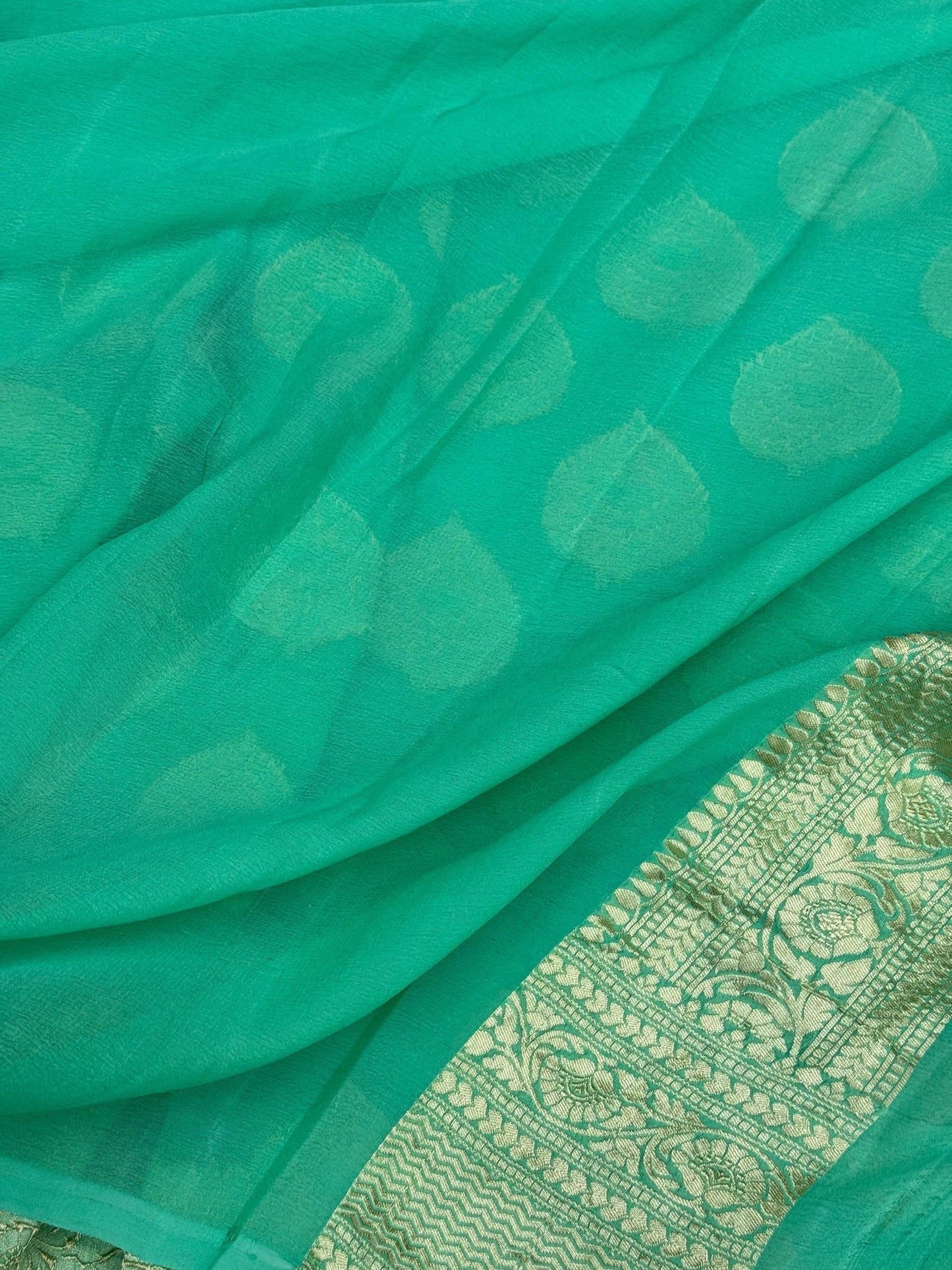 Pure Khaddi Georgette Saree in Teal Green with Gold Zari Buta and Border (Shabnami)