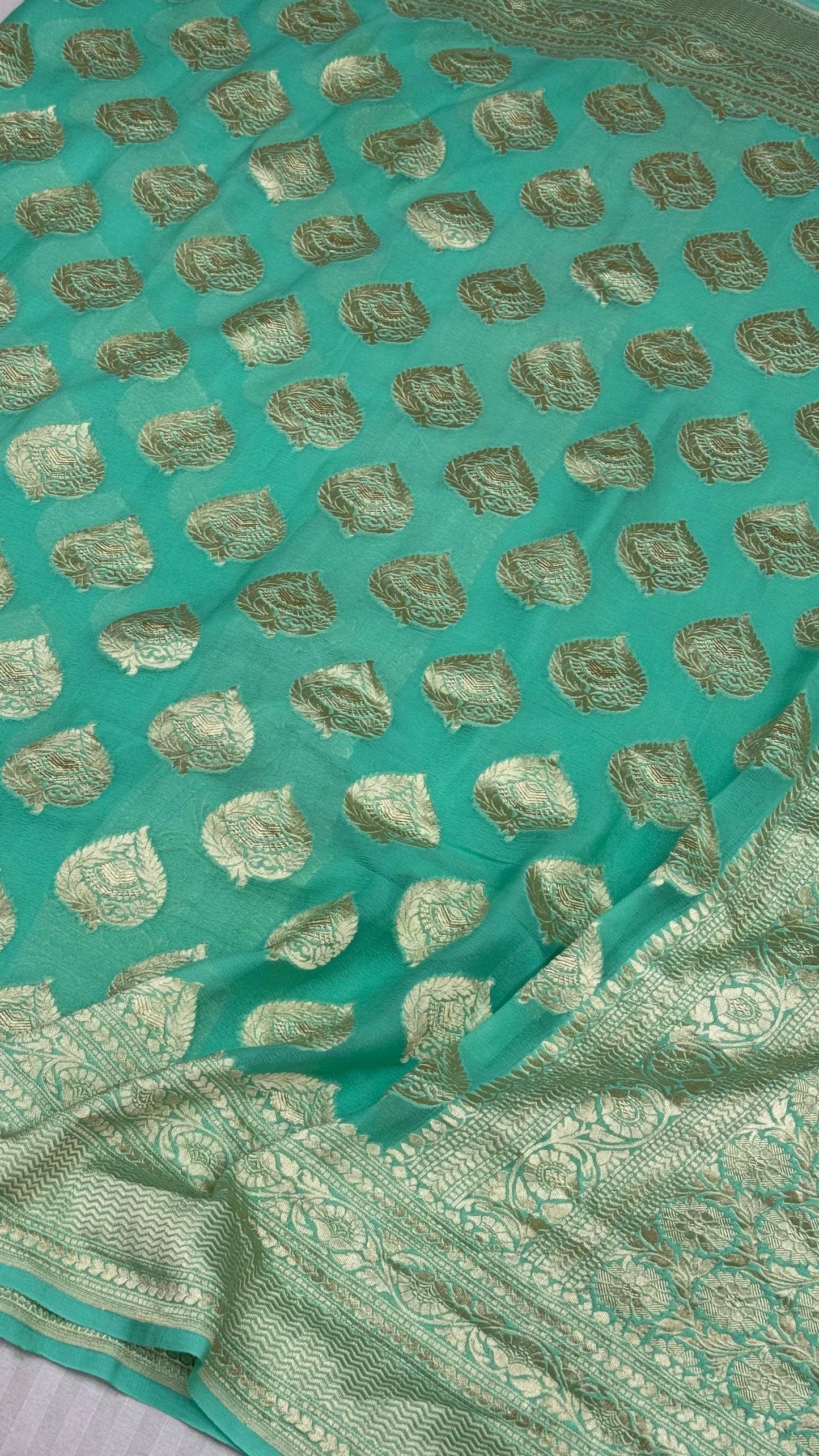 Pure Khaddi Georgette Saree in Teal Green with Gold Zari Buta and Border (Shabnami)
