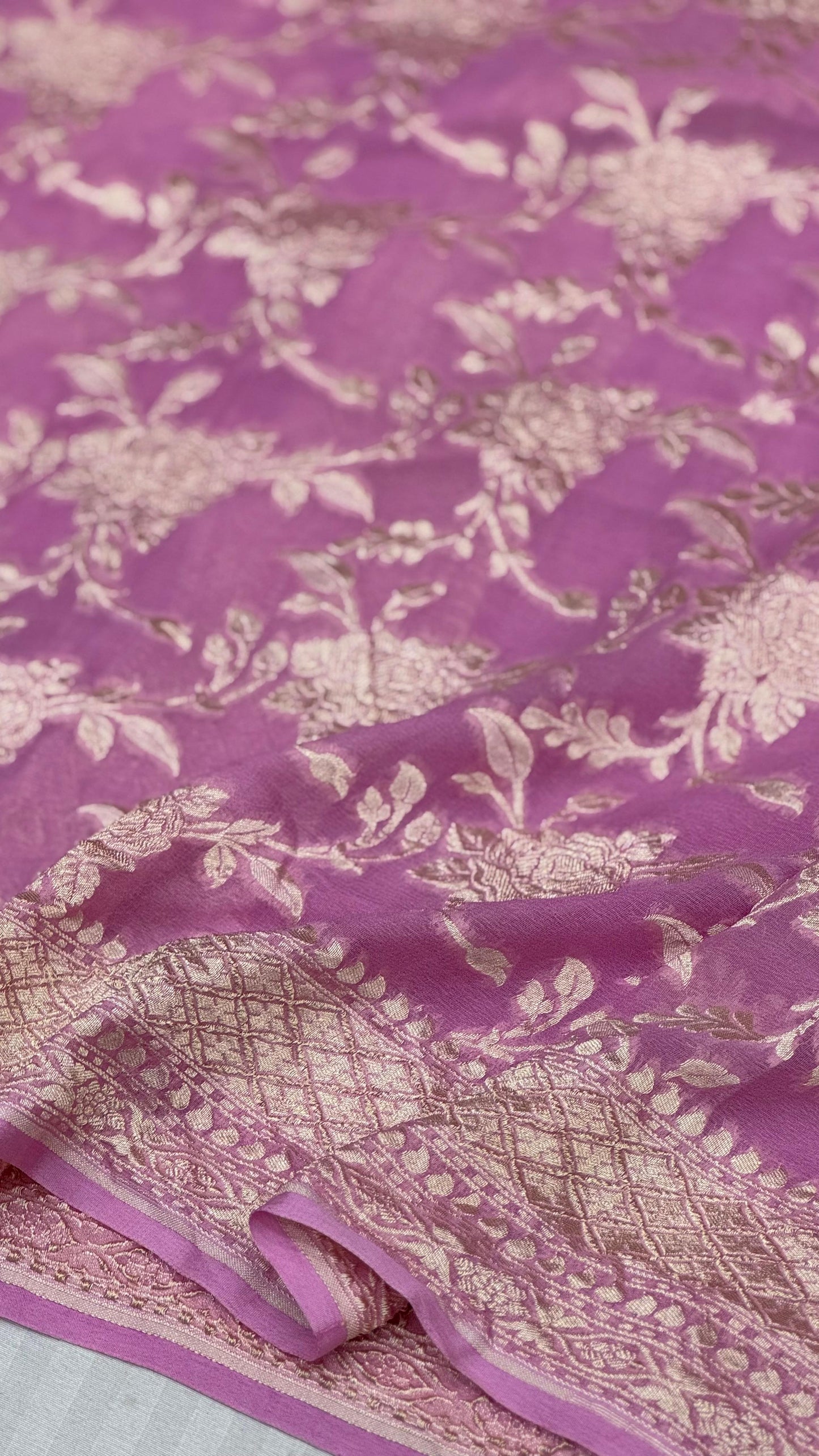 Pure Khaddi Georgette Saree in Orchid Purple with Floral Zari (Shabnami)