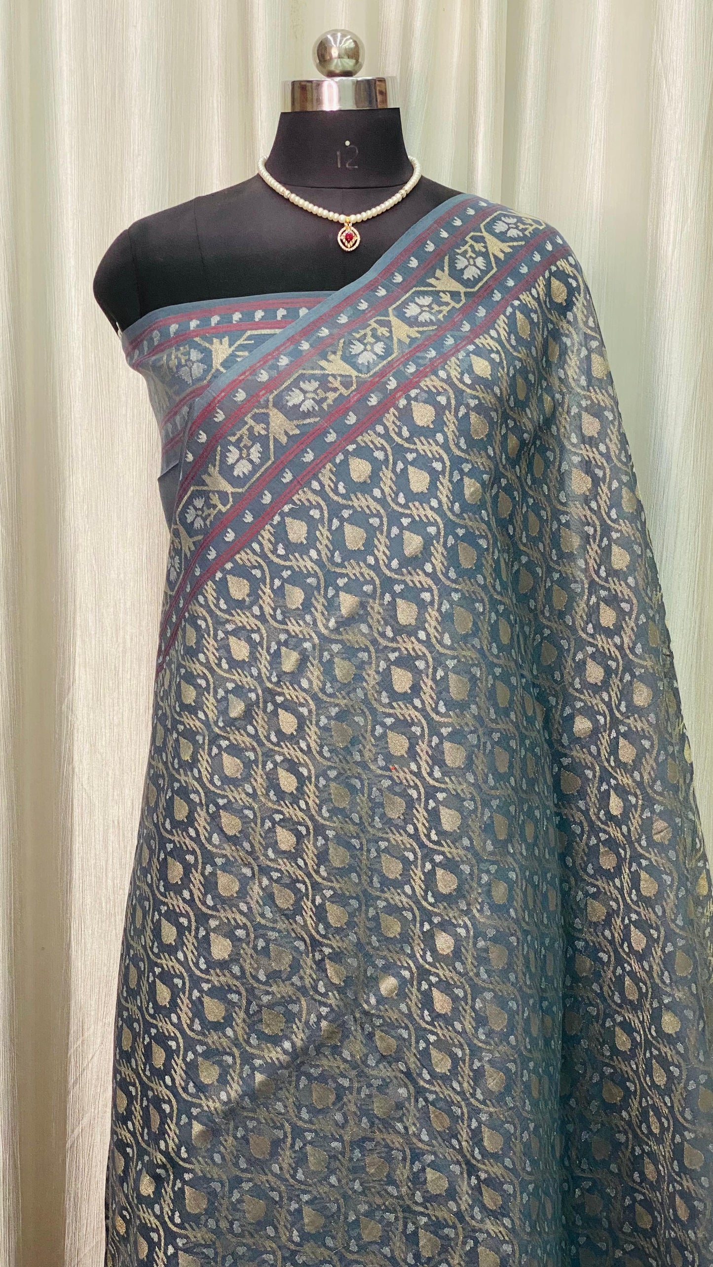 Pure Jamdani Handloom Saree Denim Blue (Jamdaniya)