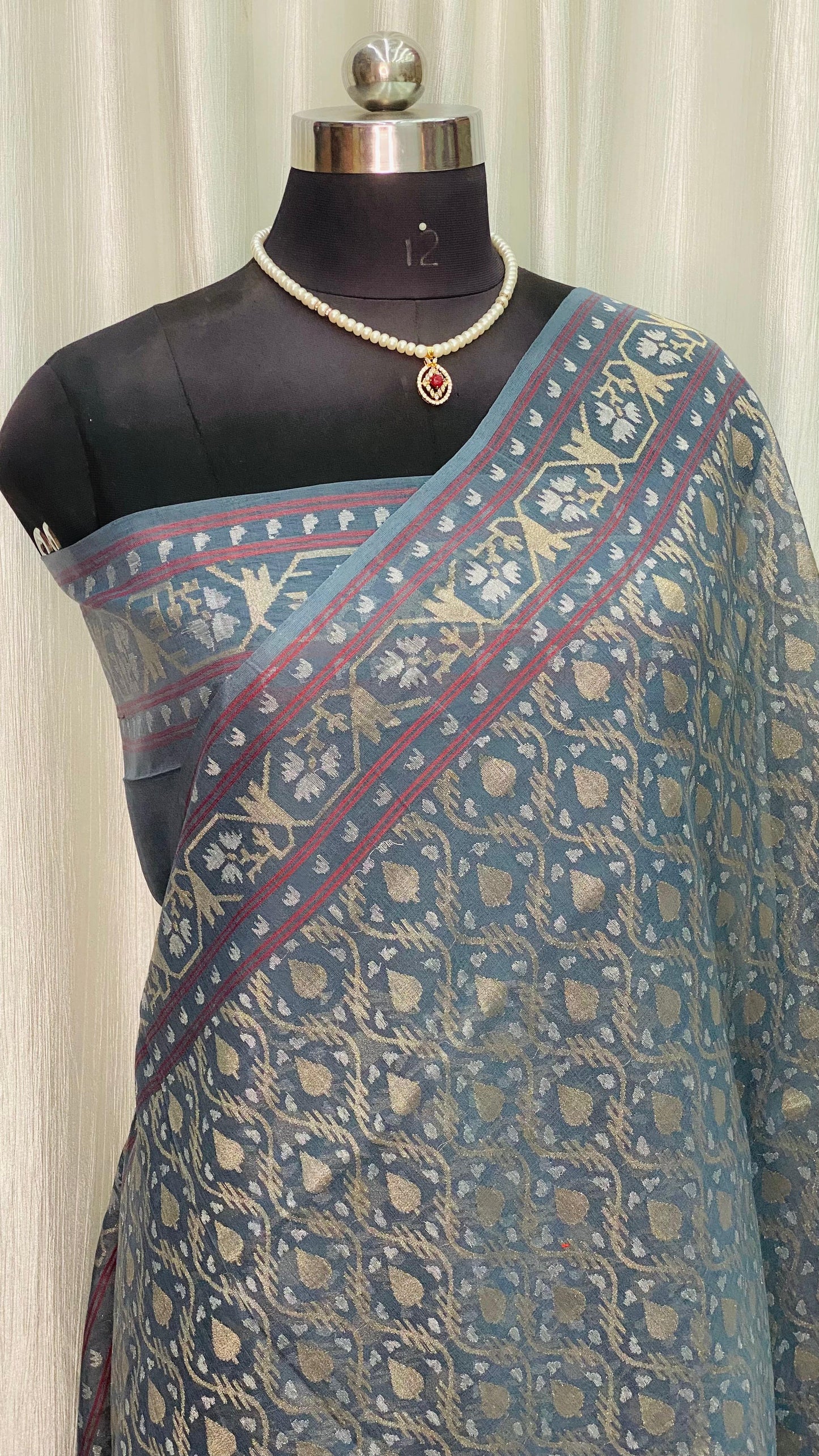 Pure Jamdani Handloom Saree Denim Blue (Jamdaniya)
