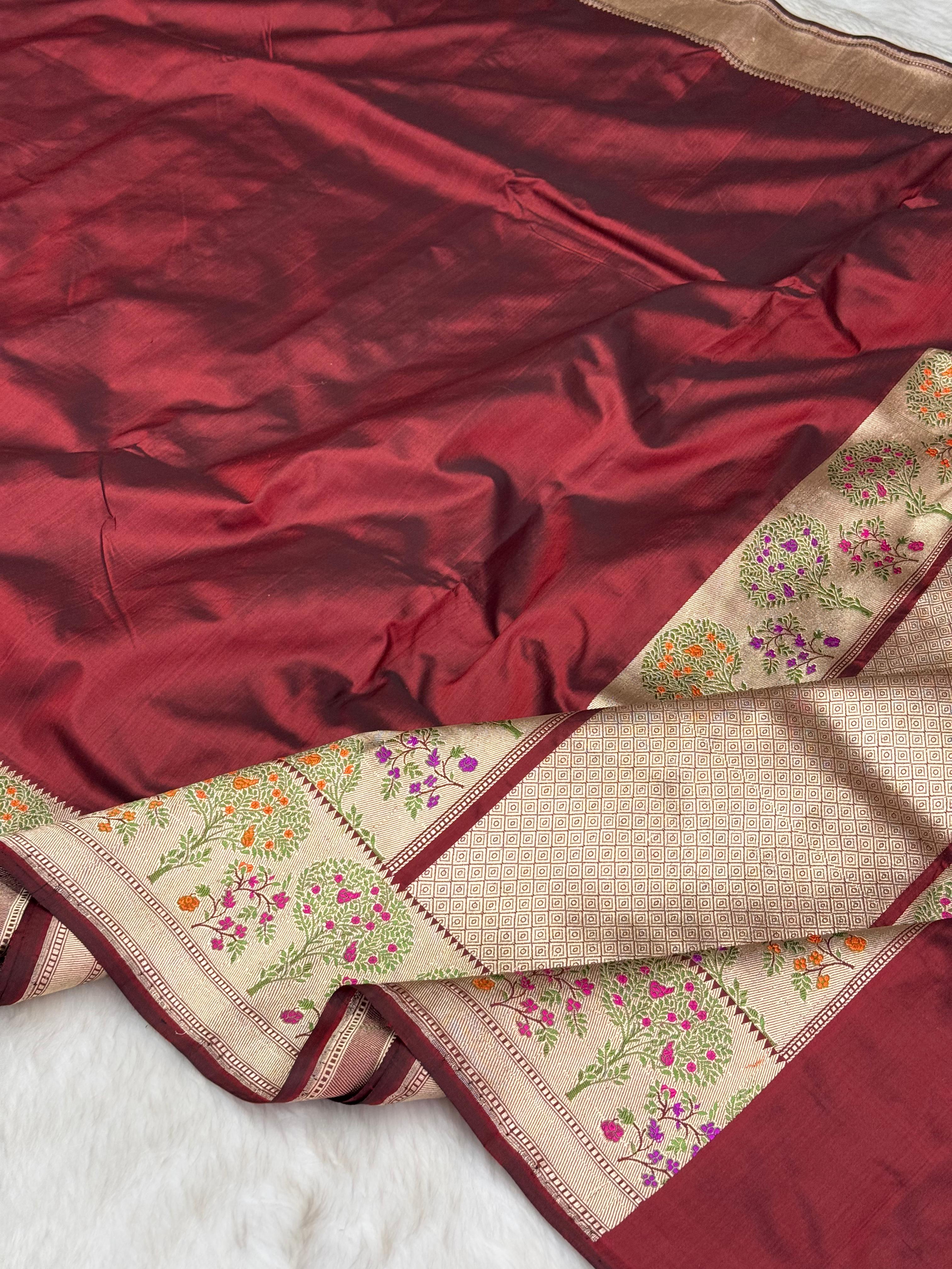 Pure Handloom Katan Silk Paithani Border Banarasi Saree