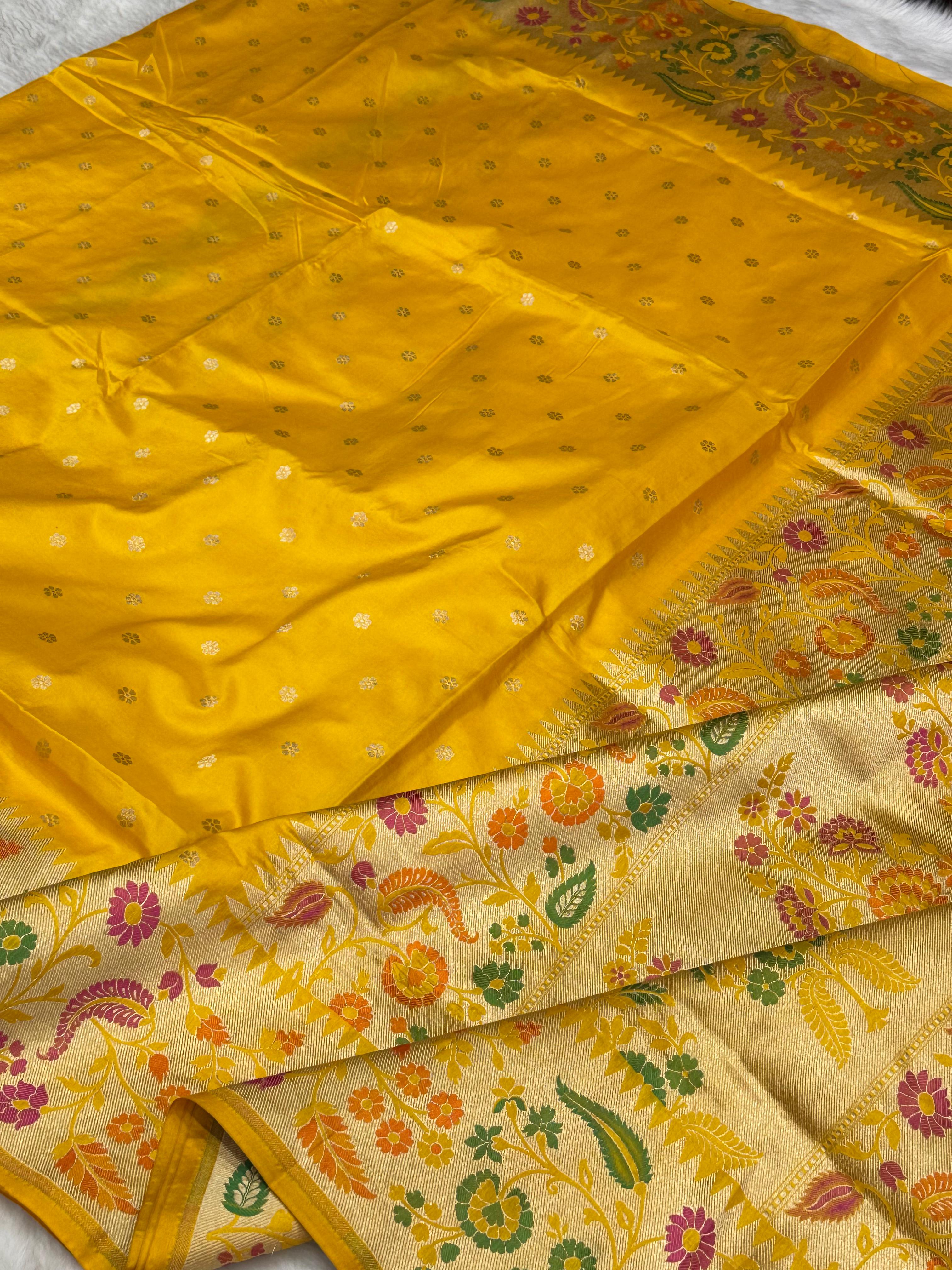 Pure Handloom Katan Silk Paithani Border Banarasi Saree – All Over Booti