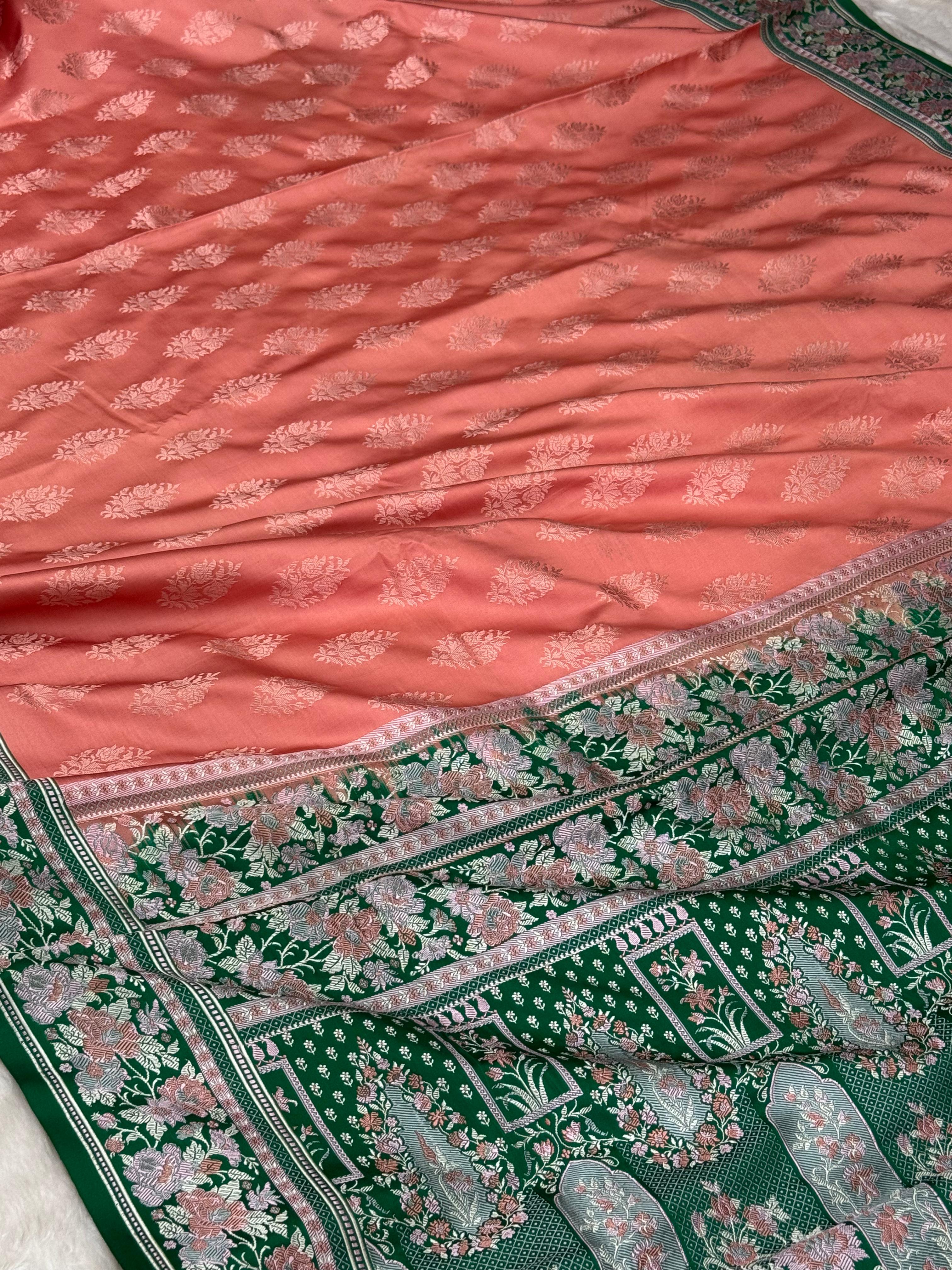 Pure Handloom Satin Silk Tanchui Banarasi Saree with Paithani Border