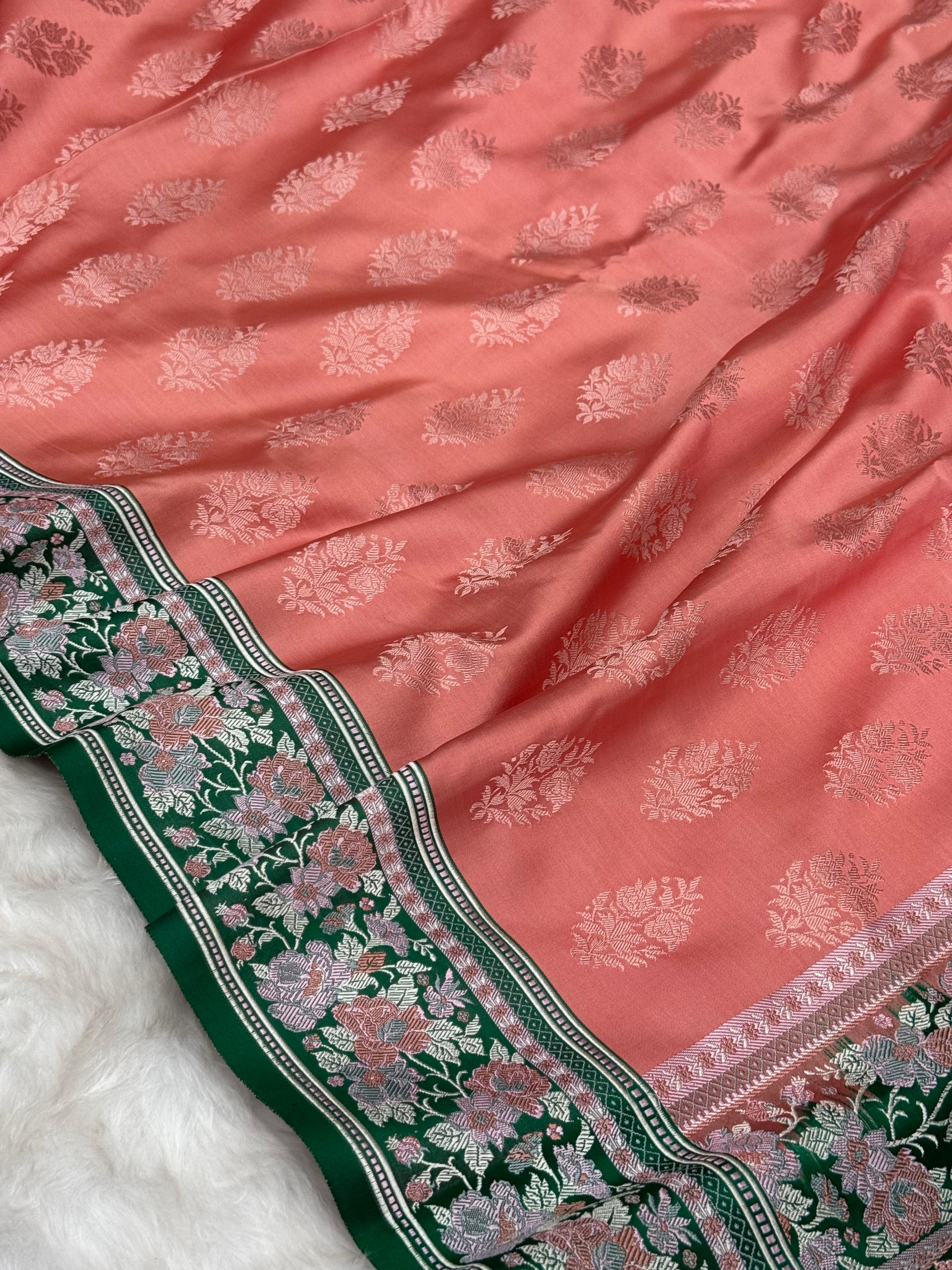 Pure Handloom Satin Silk Tanchui Banarasi Saree with Paithani Border