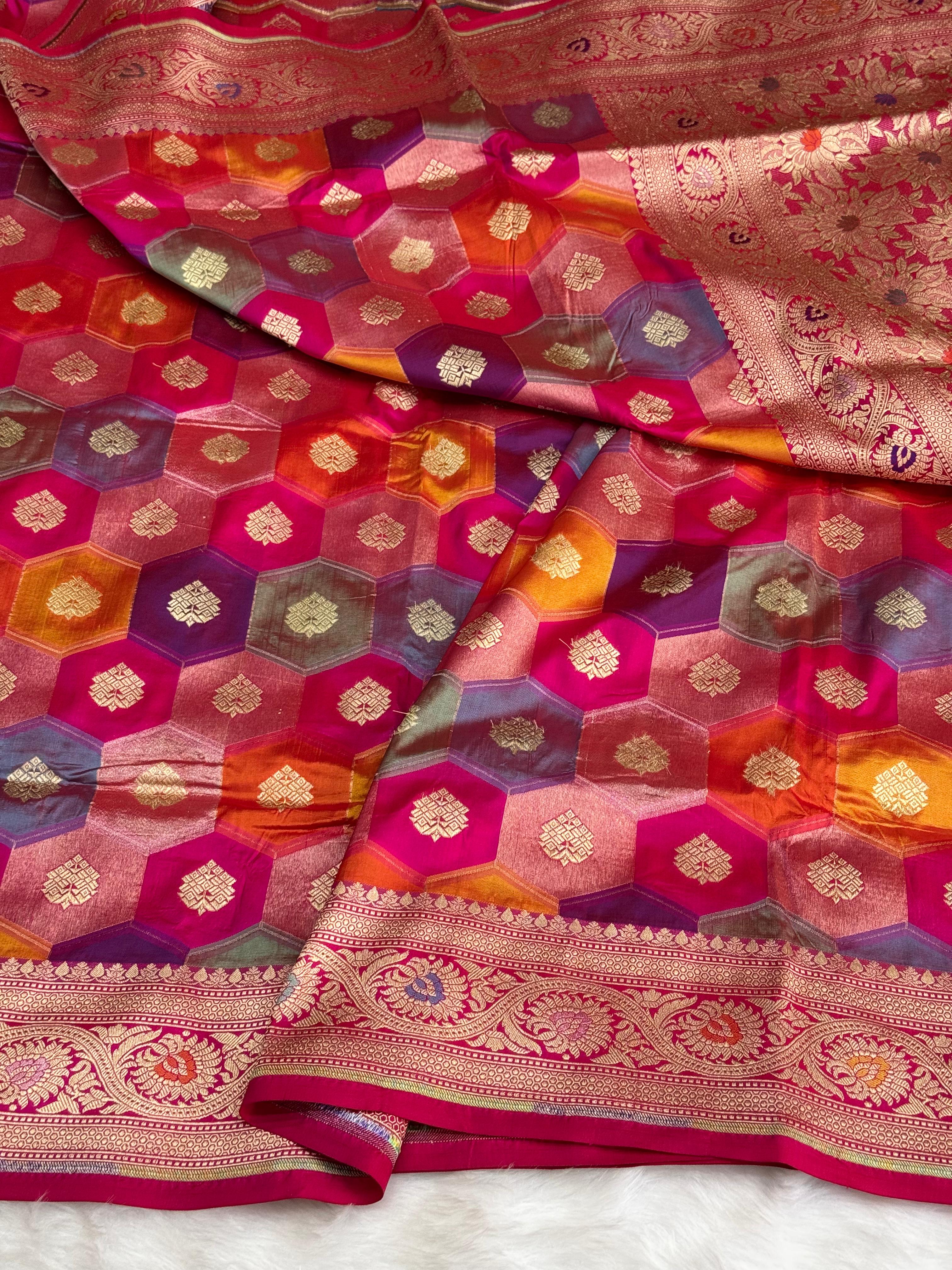 Pure Handloom Katan Silk Rangkaat Banarasi Saree – Multicolor Hexagon Weave