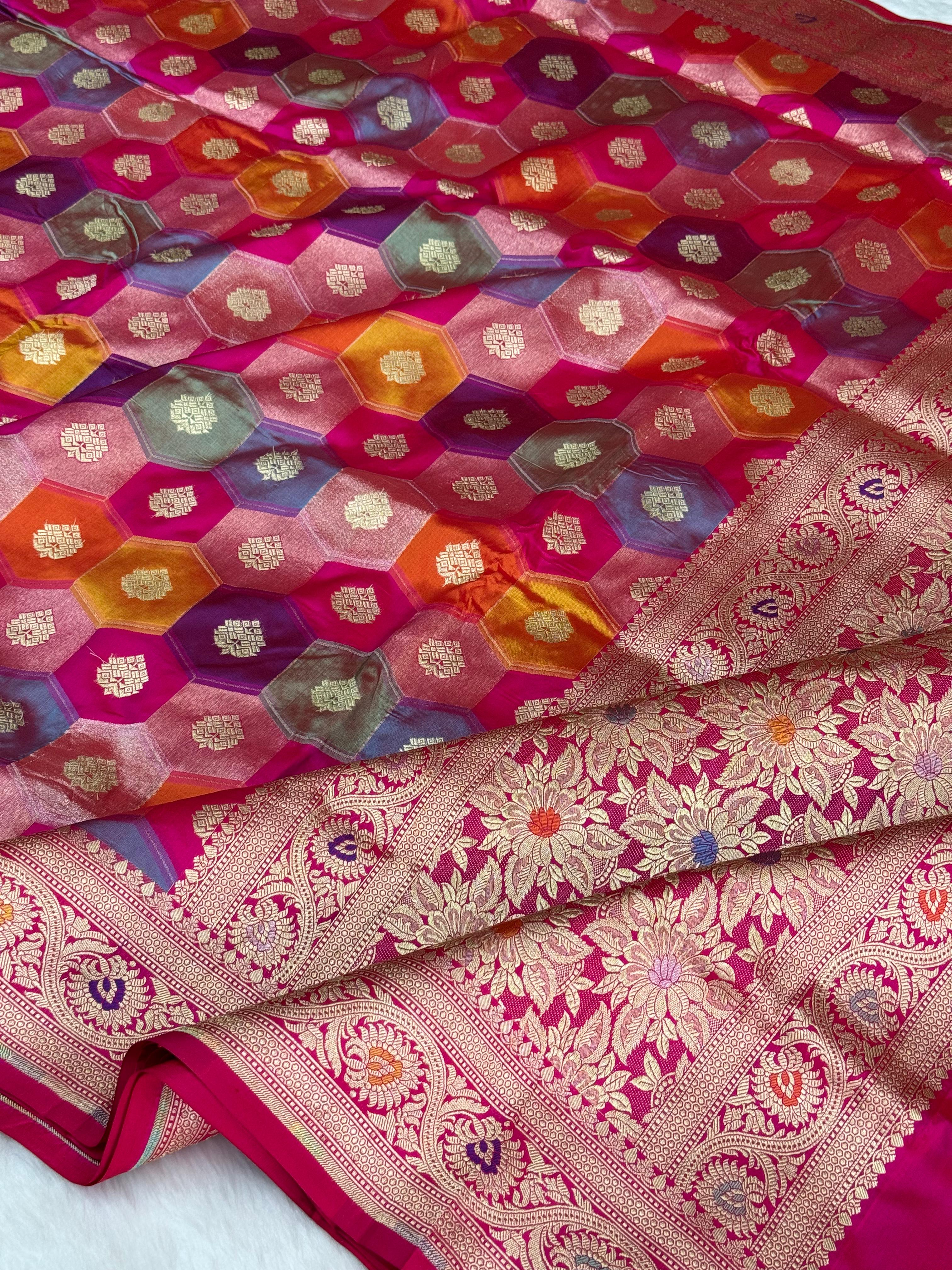 Pure Handloom Katan Silk Rangkaat Banarasi Saree – Multicolor Hexagon Weave