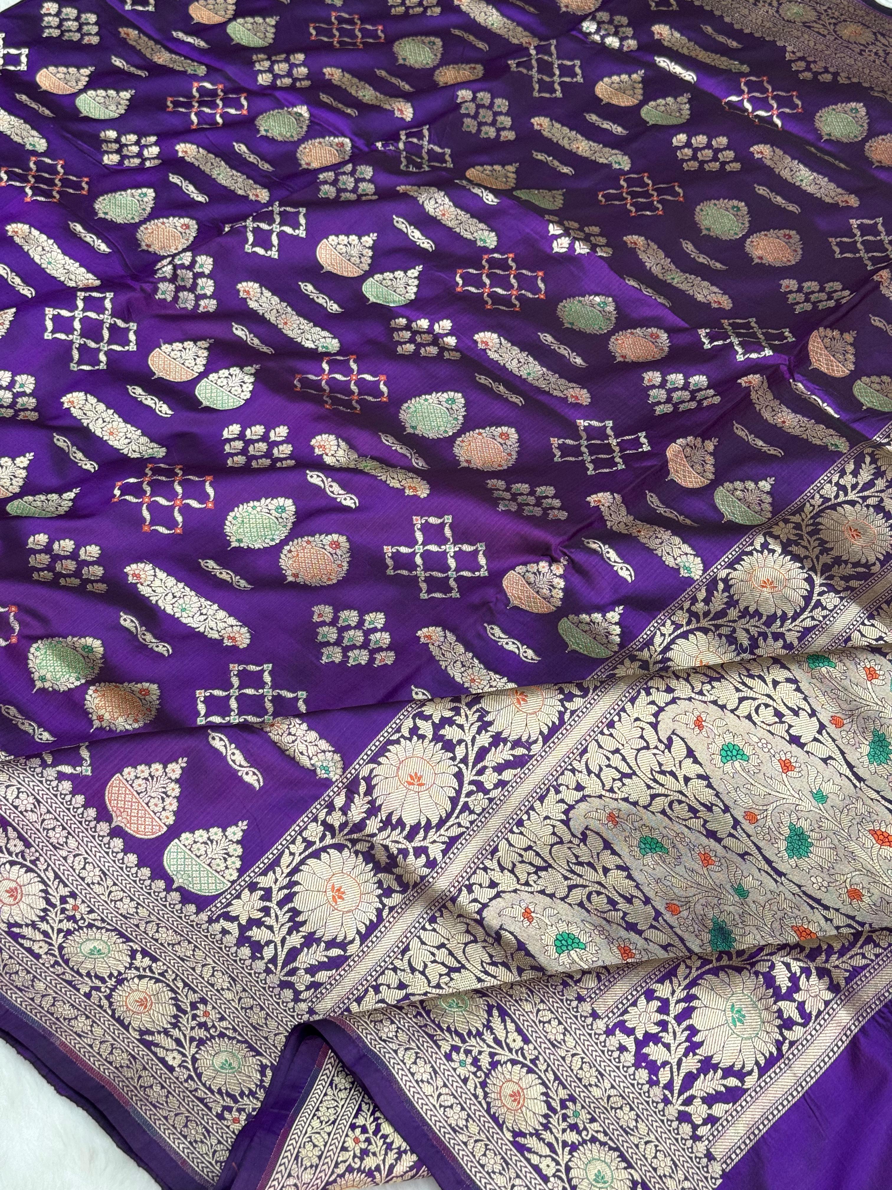 Pure Handloom Katan Silk Meenakari Booti Banarasi Saree