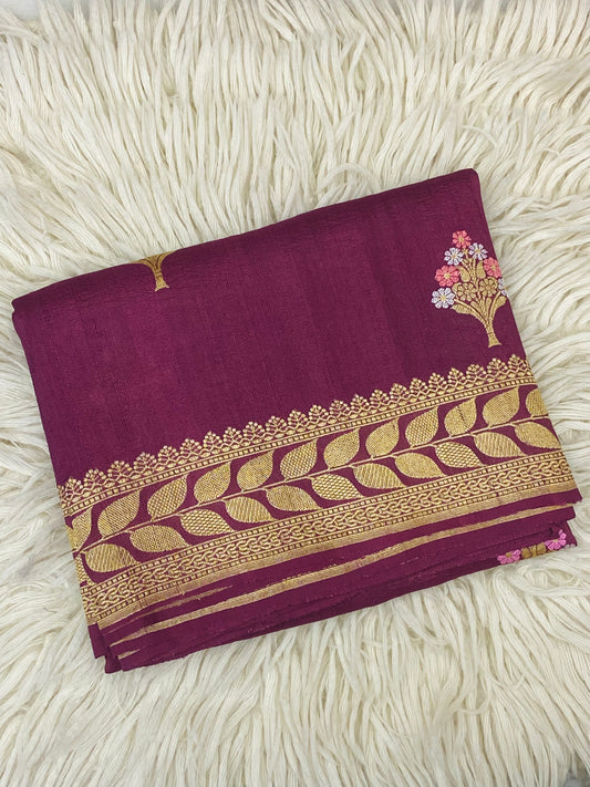 Pure Tussar Handloom Kaduwa Weave Saree Plum Meenakari Buta (Noor-e-Tussar)