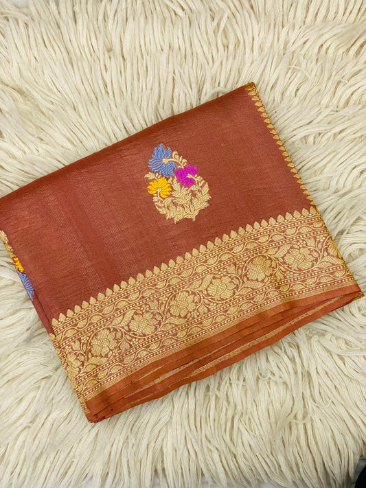 Pure Tussar Handloom Kaduwa Weave Saree Brown Meenakari Buta ( Noor-e-Tussar )