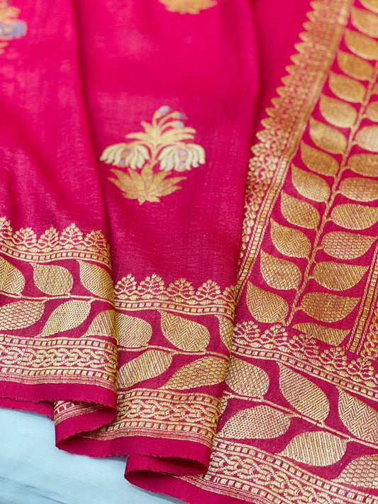 Pure Tussar Handloom Kaduwa Weave Saree Crimson Pink with Meenakari Buta (  Noor-e-Tussar )