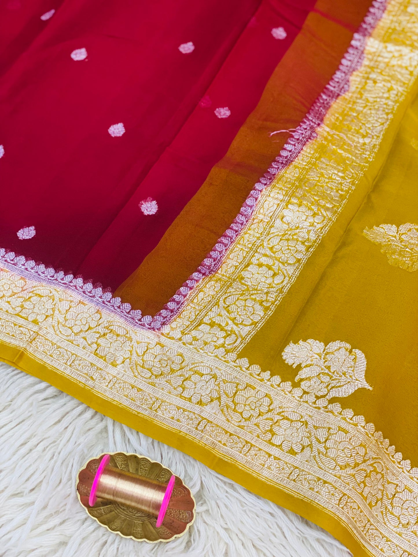 Pure Khaddi Chiffon Handloom Saree Mehroon Body With Mustard Yellow (Chhalak)