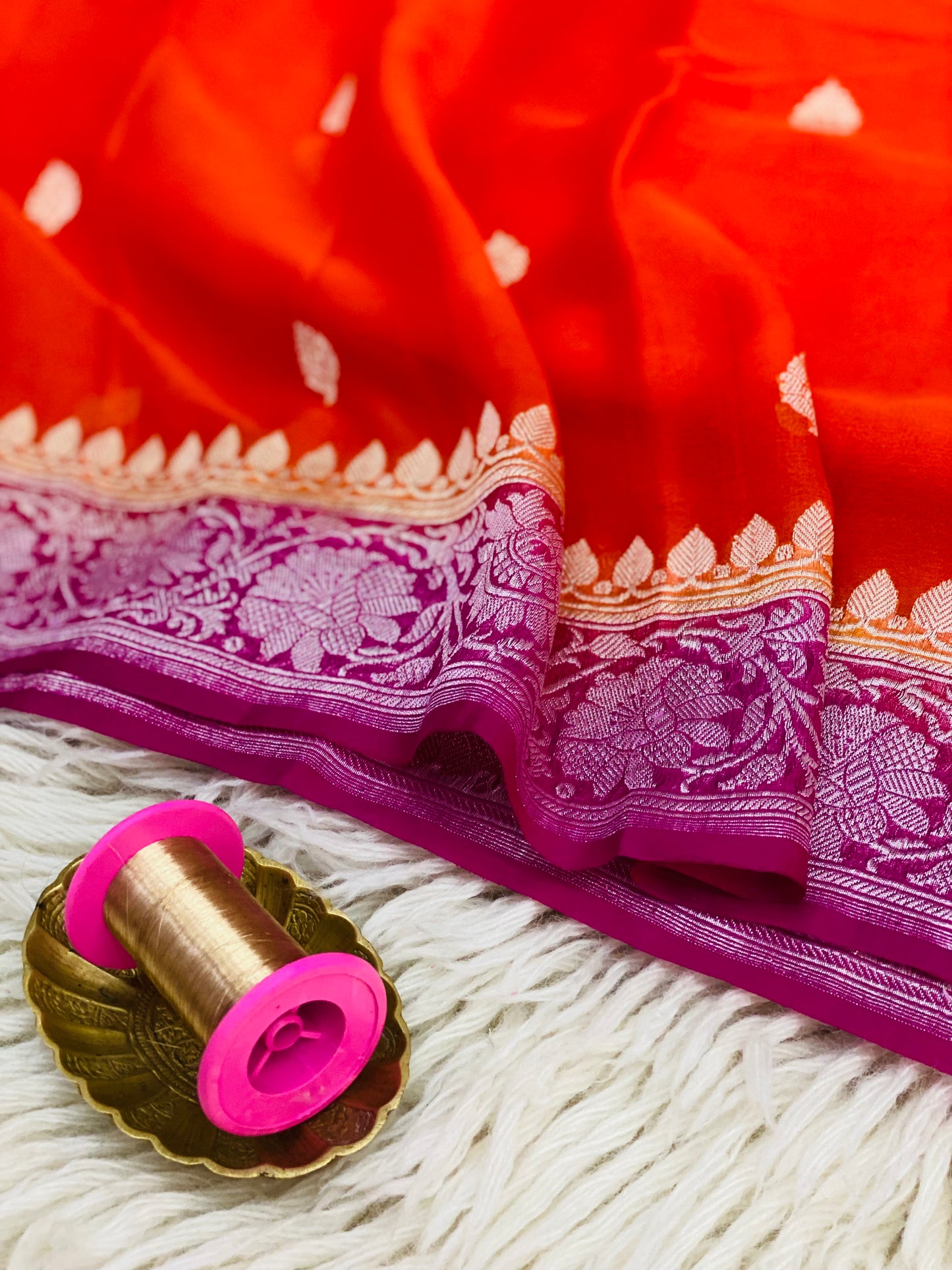 Pure Khaddi Chiffon Handloom Saree Orange Body With Rani PInk (Chhalak)