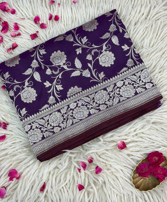 Pure Katan Jaal Zari Meena Saree Violet (Noor-e-Nazaaka)