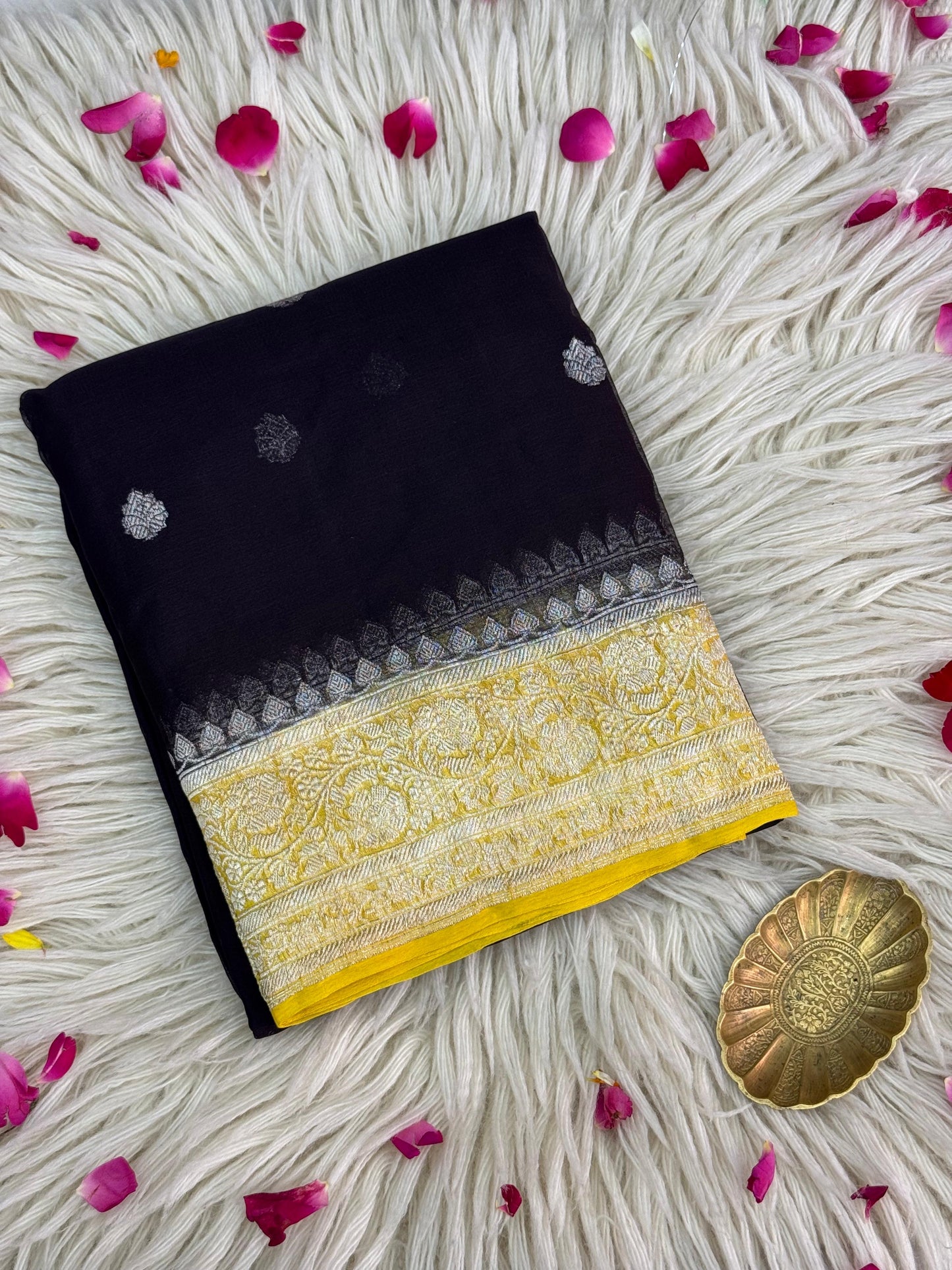 Pure Khaddi Chiffon Handloom Saree Navy Blue body with Mustard Yellow (Chhalak)