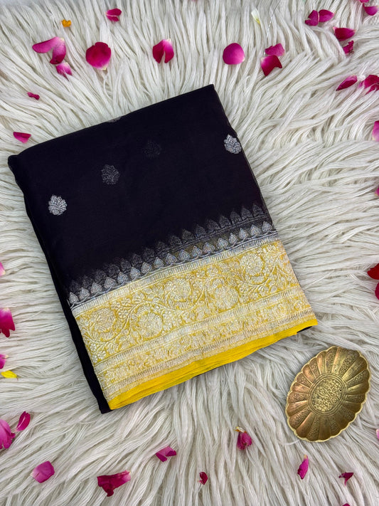 Pure Khaddi Chiffon Handloom Saree Navy Blue body with Mustard Yellow (Chhalak)