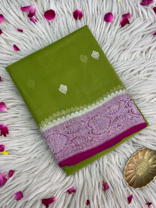Pure Khaddi Chiffon Handloom Saree Green Body With Rani Pink (Chhalak)
