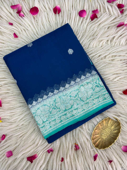 Pure Khaddi Chiffon Handloom Saree Deep Blue Body With Light Blue (Chhalak)