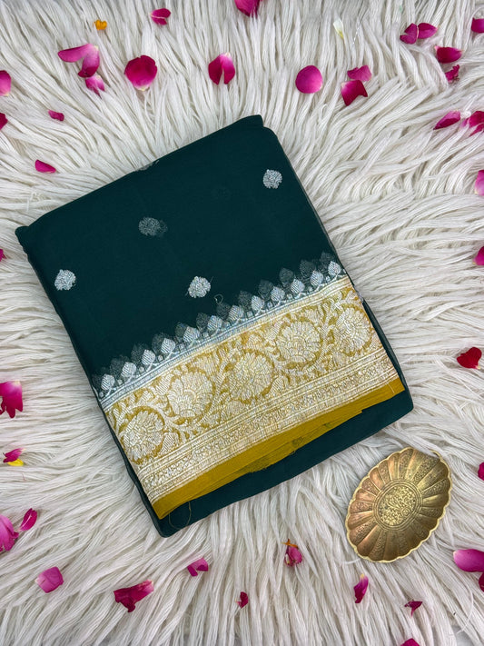 Pure Khaddi Chiffon Handloom Saree Deep Bottle Dreen Body With Mustard Yellow (Chhalak)