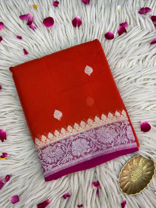 Pure Khaddi Chiffon Handloom Saree Orange Body With Rani PInk (Chhalak)